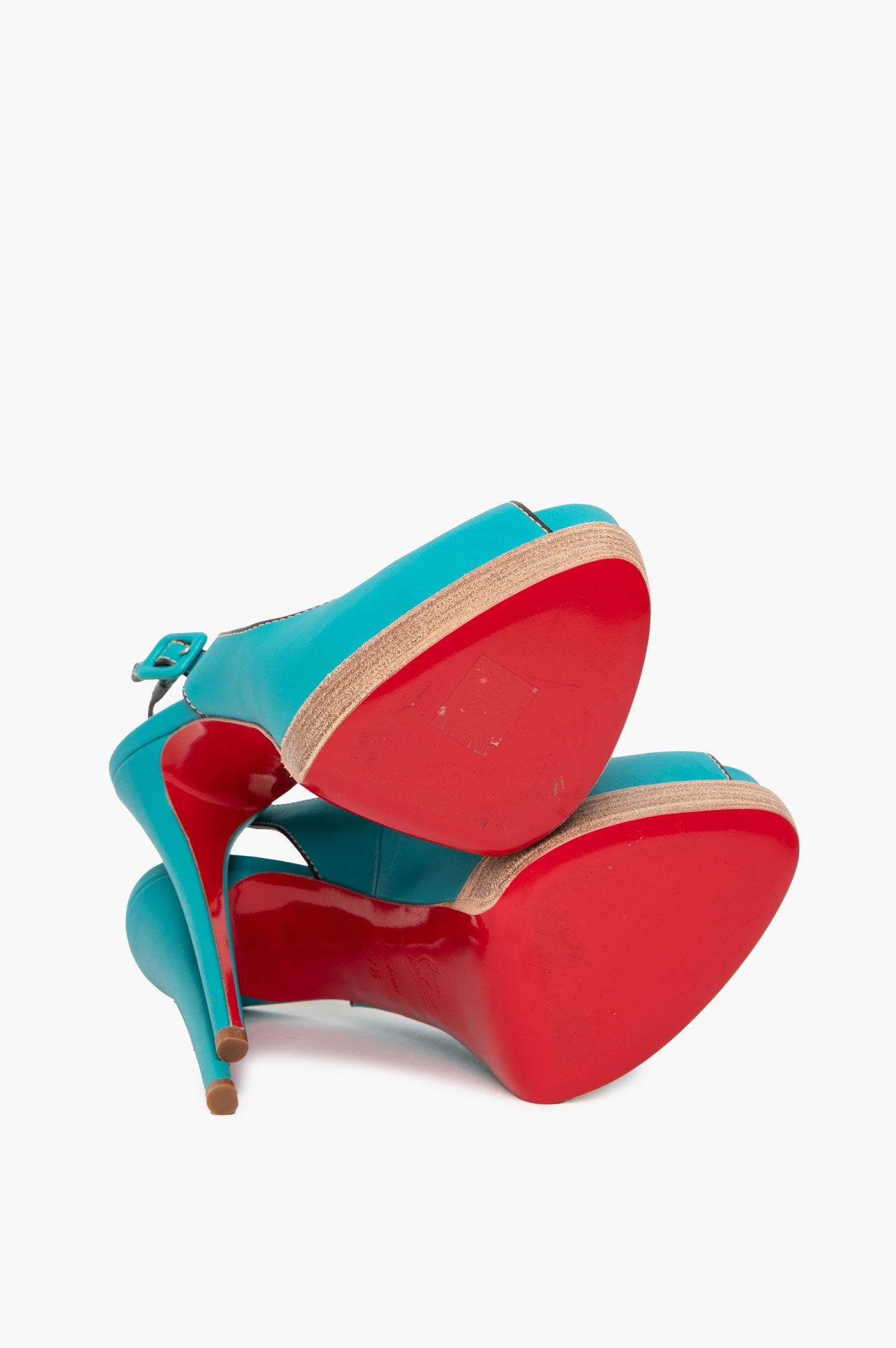 Christian Louboutin Turqoise Leather Palais Royal Trepointe Peeptoe Slingback Pumps SIze 37.5