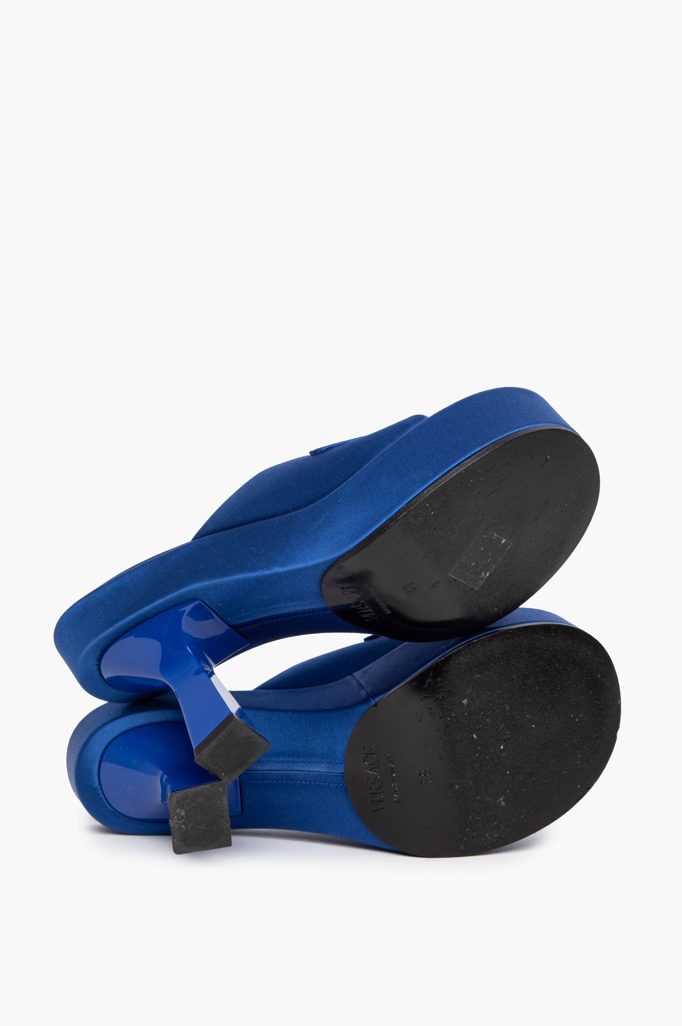 Versace Blue Satin Medusa Biggie Platform Mules Size 38