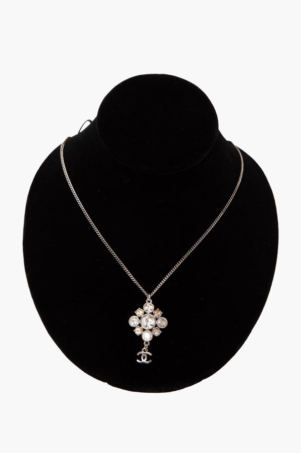 Chanel CC Logo With Diamond Rhinestone Pendant Ruthenium Necklace