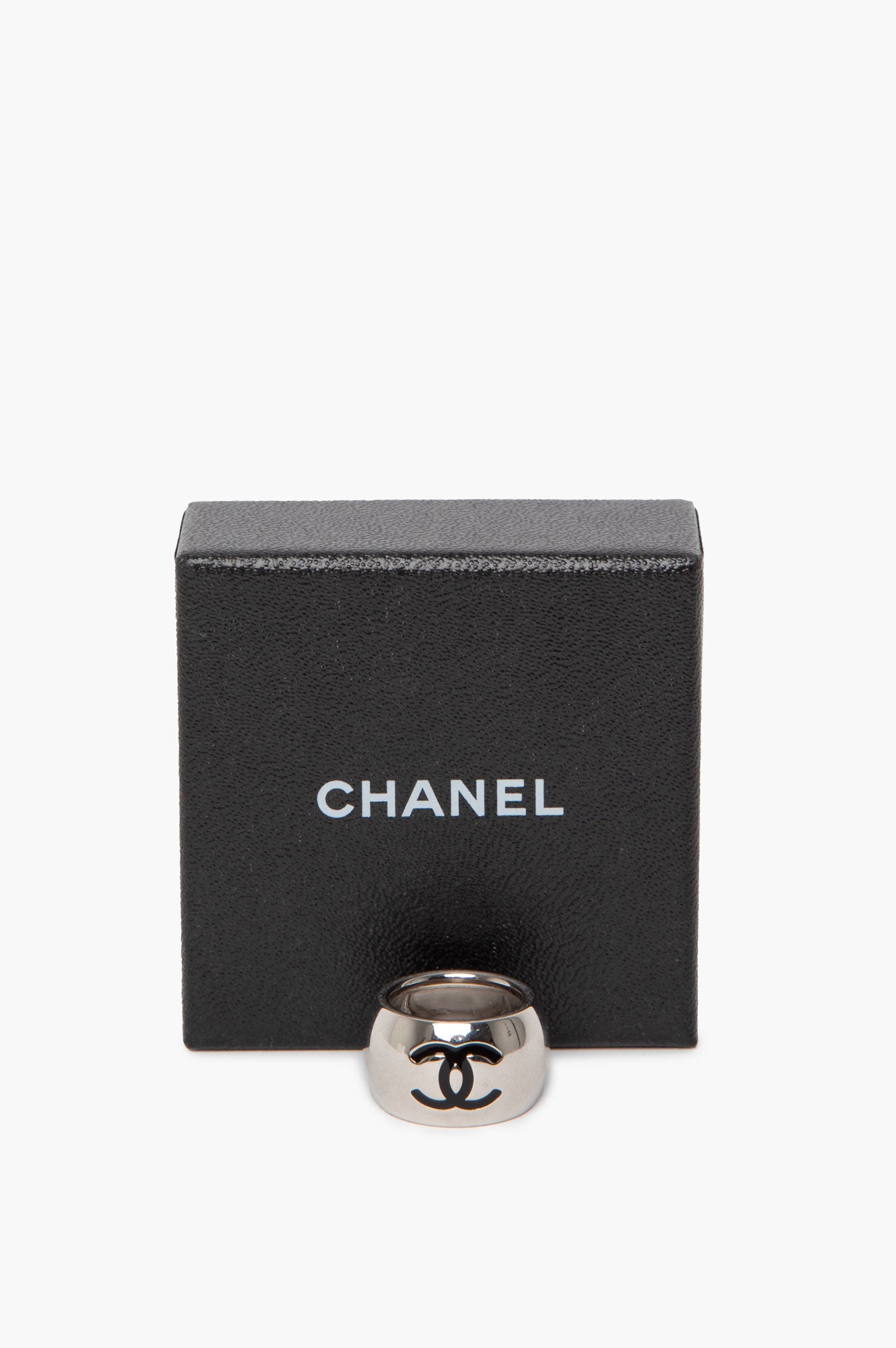 Chanel Silver-Tone Black Enamel CC Heart Ring
