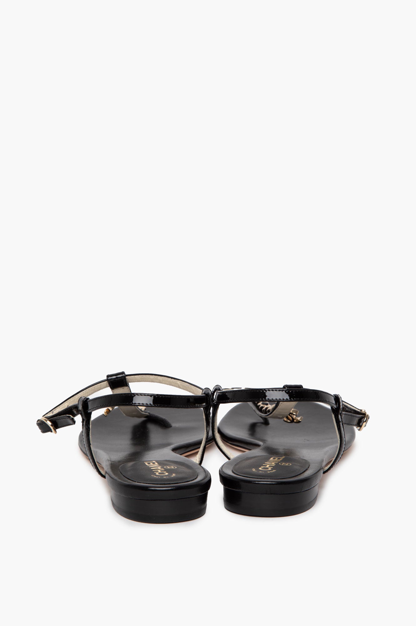 Chanel Black Patent Gold Chain T-Strap CC Charm Sandals Size 38.5