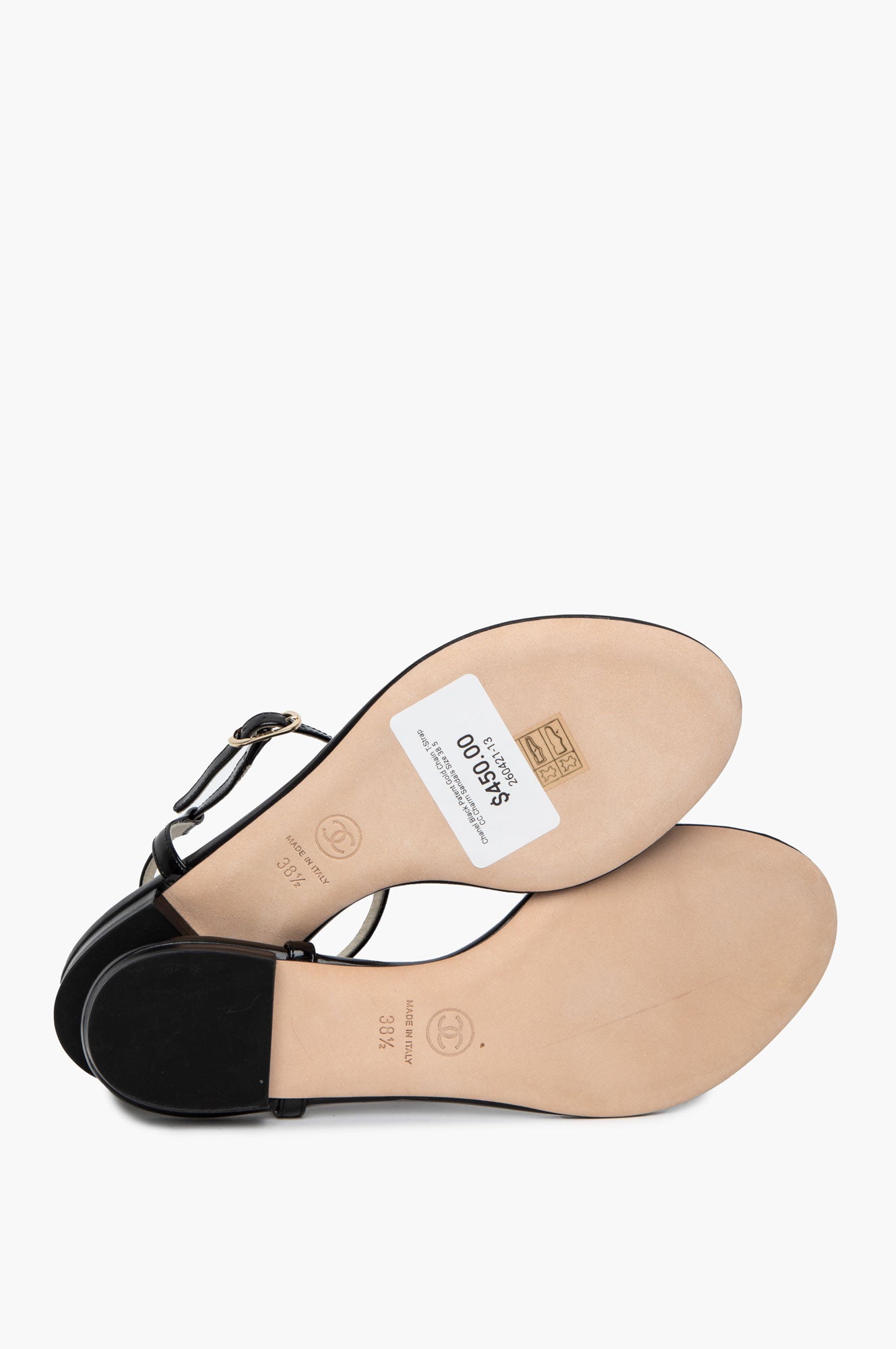 Chanel Black Patent Gold Chain T-Strap CC Charm Sandals Size 38.5