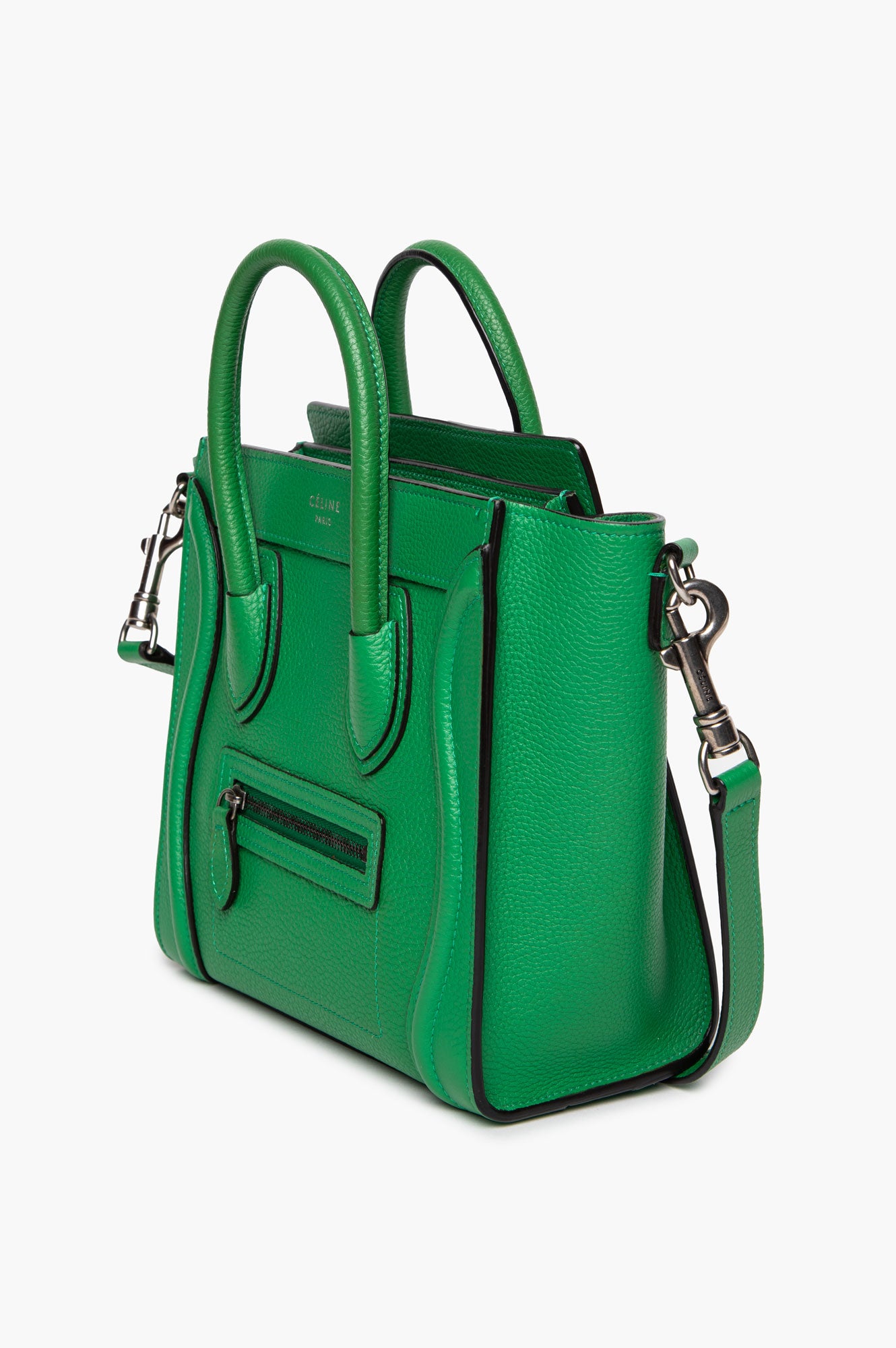 Celine Green Drummed Calfskin Nano Lugguge Tote With Strap