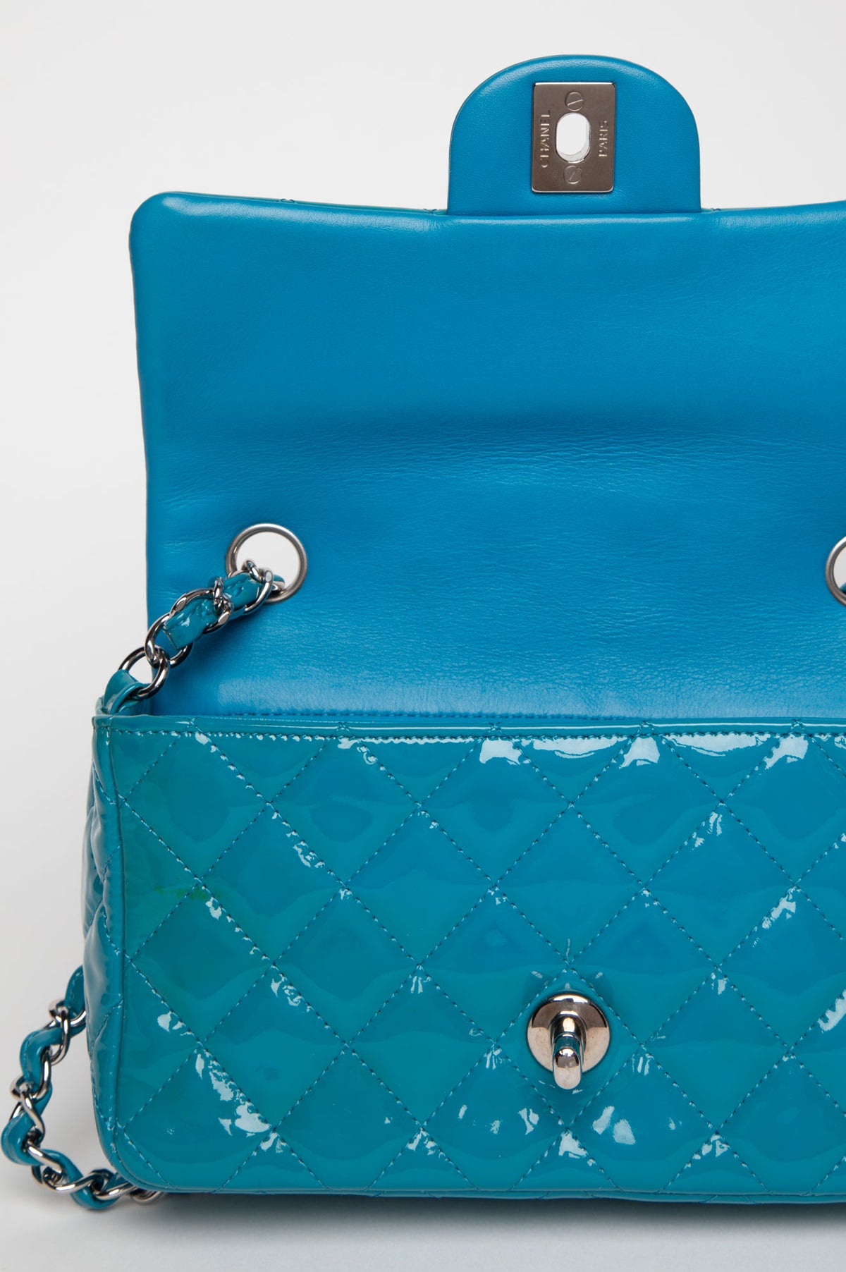 Chanel Turquoise Patent Mini Rectangular Flap Bag