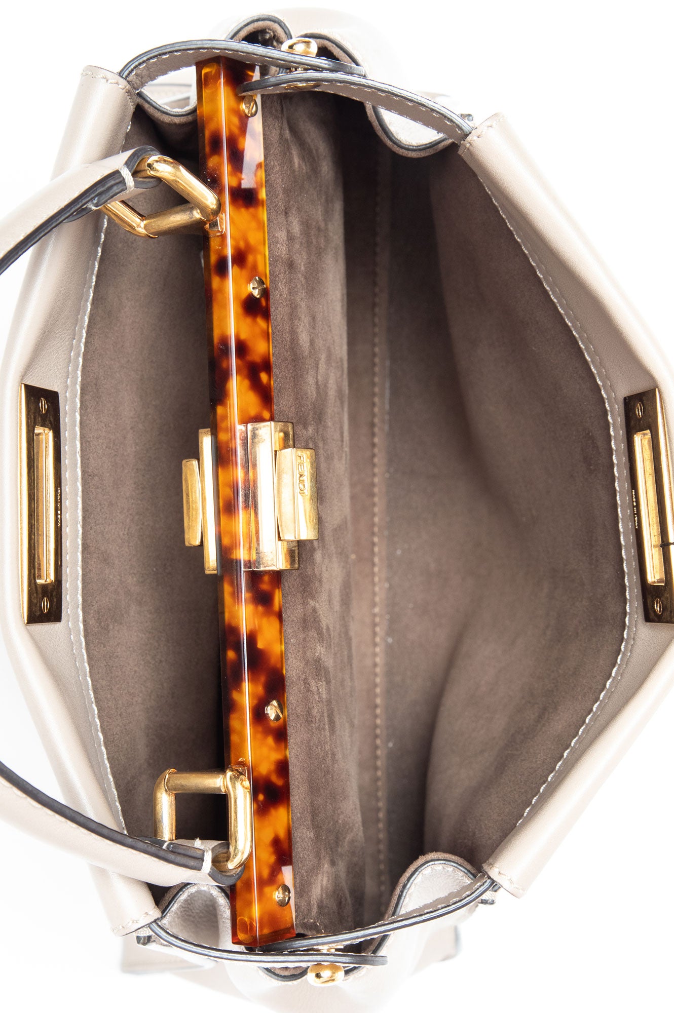 Fendi Taupe Leather Plexiglass Tortoise Regular Peekaboo Satchel