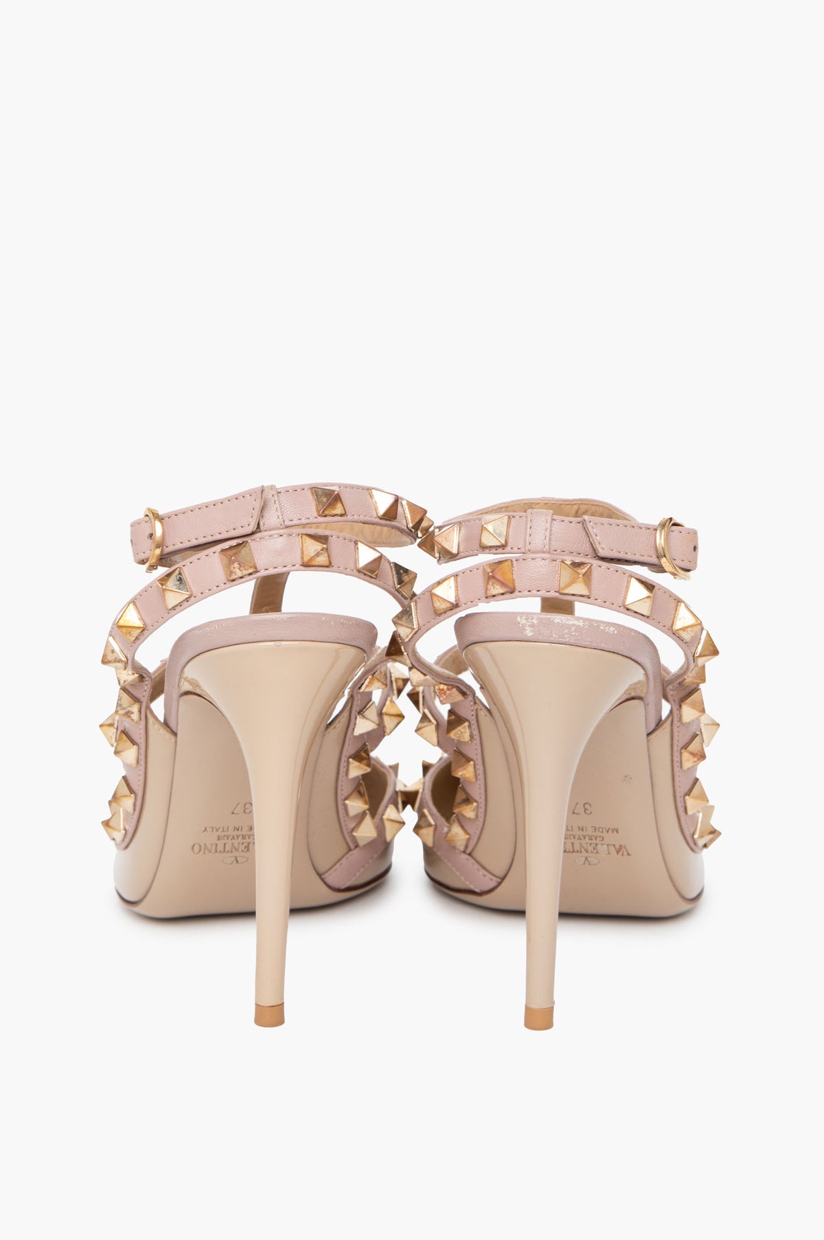 Valentino Garavani Beige Patent Rockstud Caged T-Strap Pumps Size 37