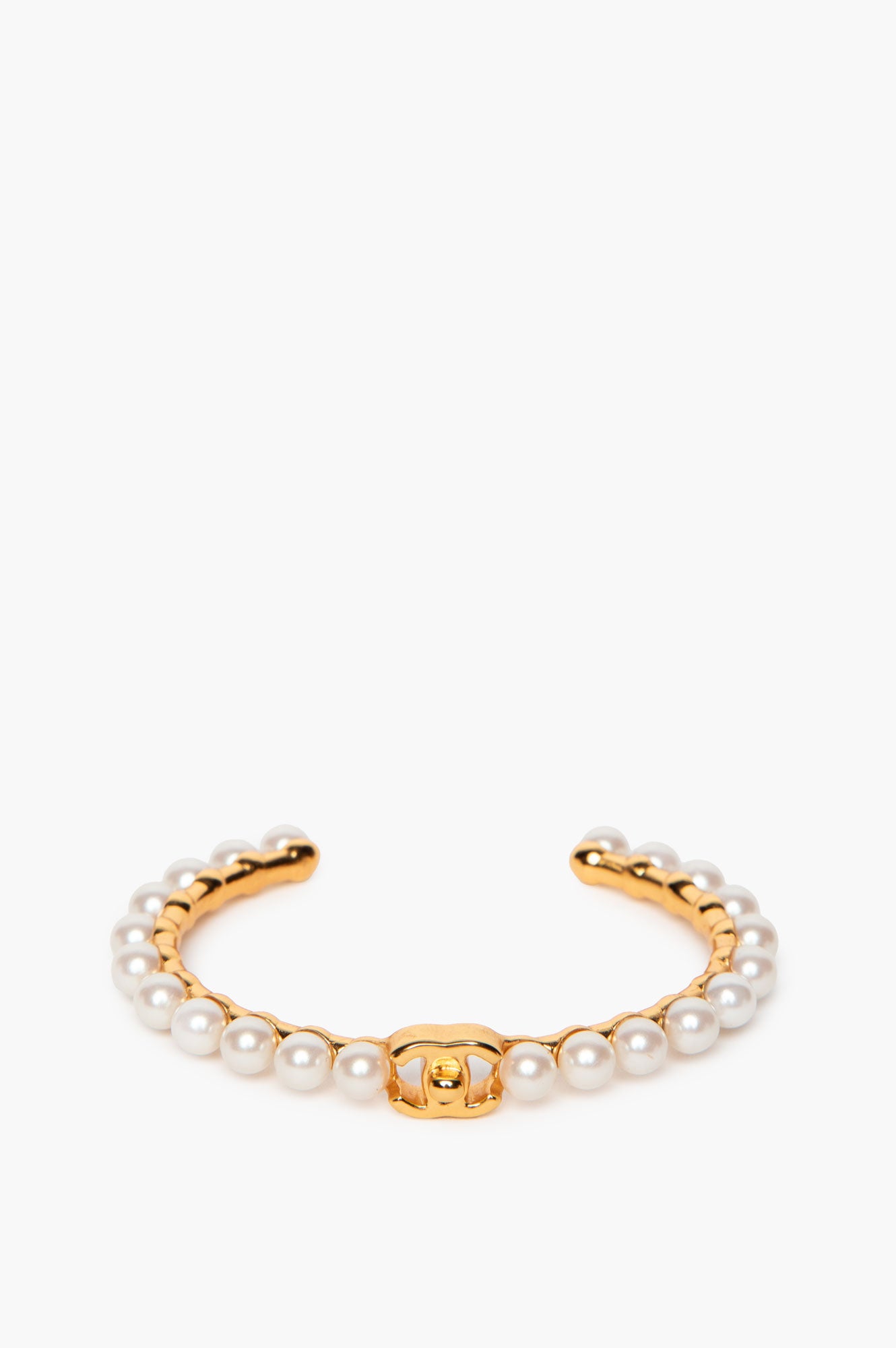Chanel Faux Pearl Cuff With Gold Tone CC Claps 2023