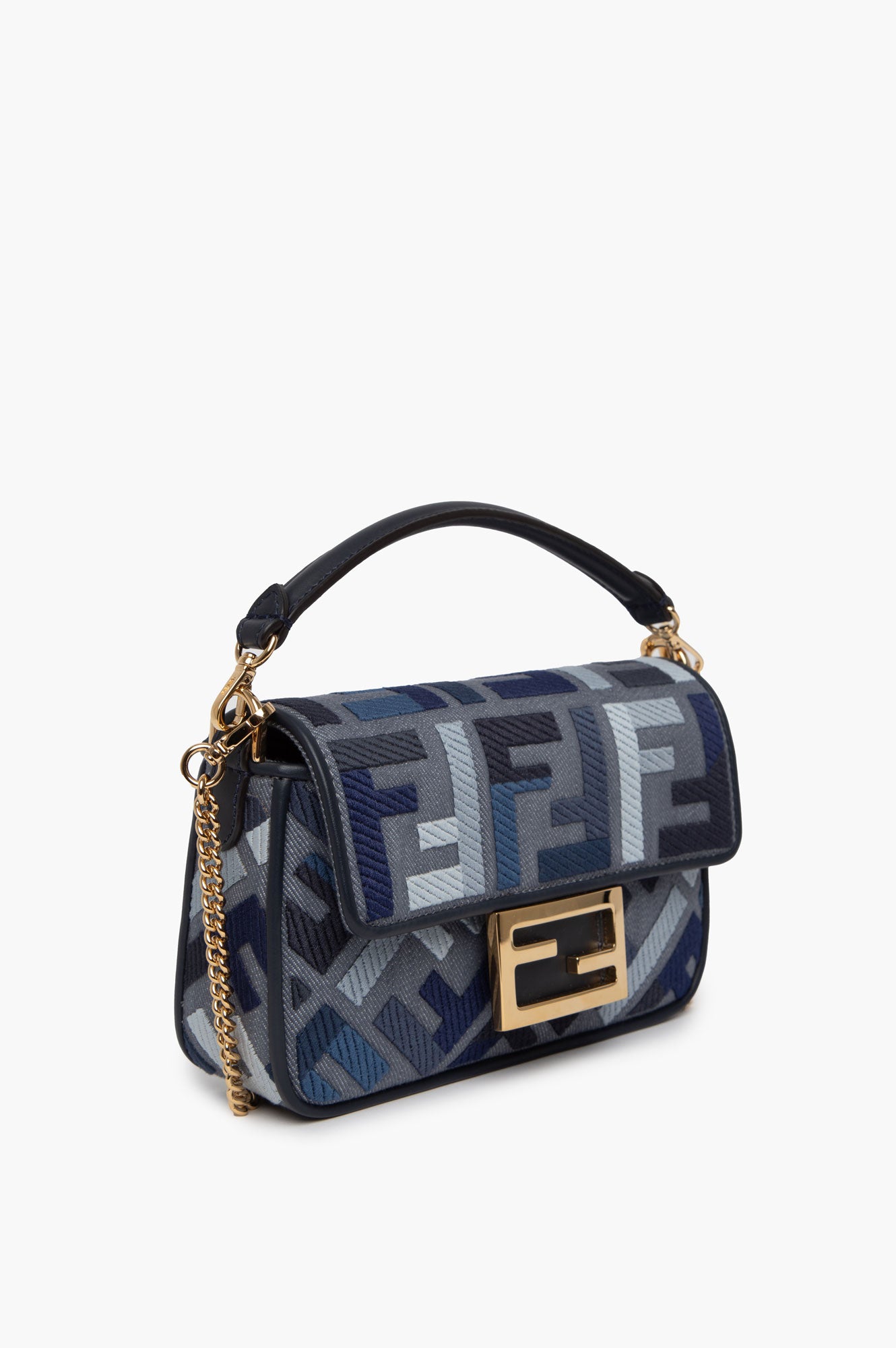 Fendi Blue FF Embroidery Baguette Mini Bag