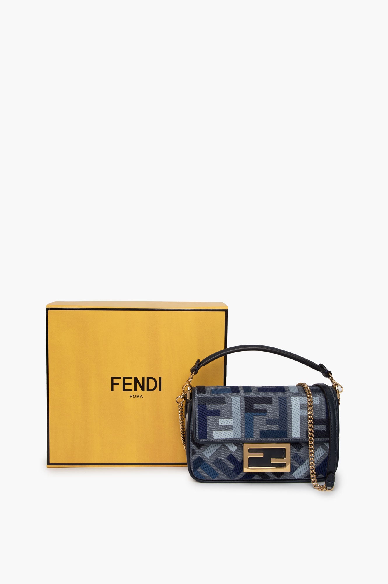 Fendi Blue FF Embroidery Baguette Mini Bag