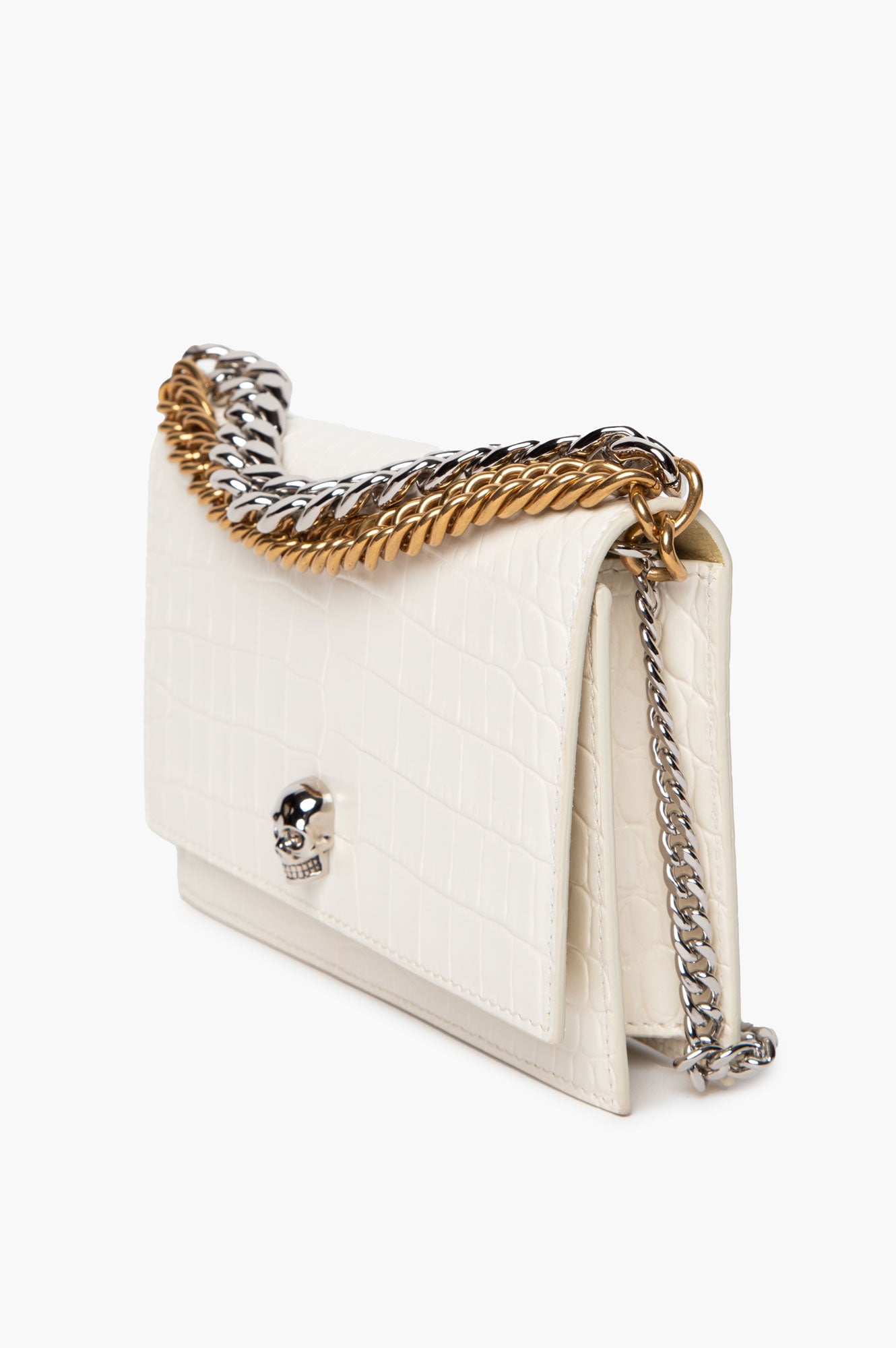Alexander McQueen White Croc-Embossed Double Chain Skull Bag