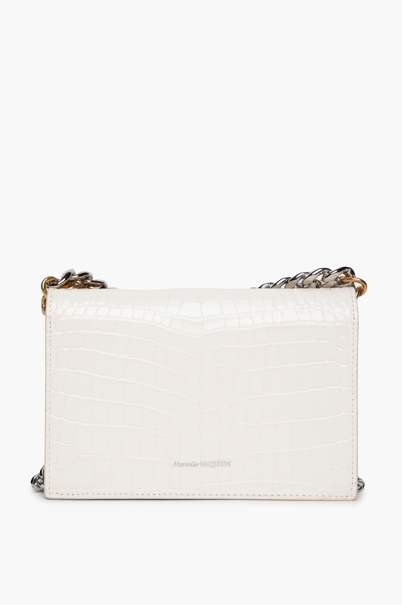Alexander McQueen White Croc-Embossed Double Chain Skull Bag