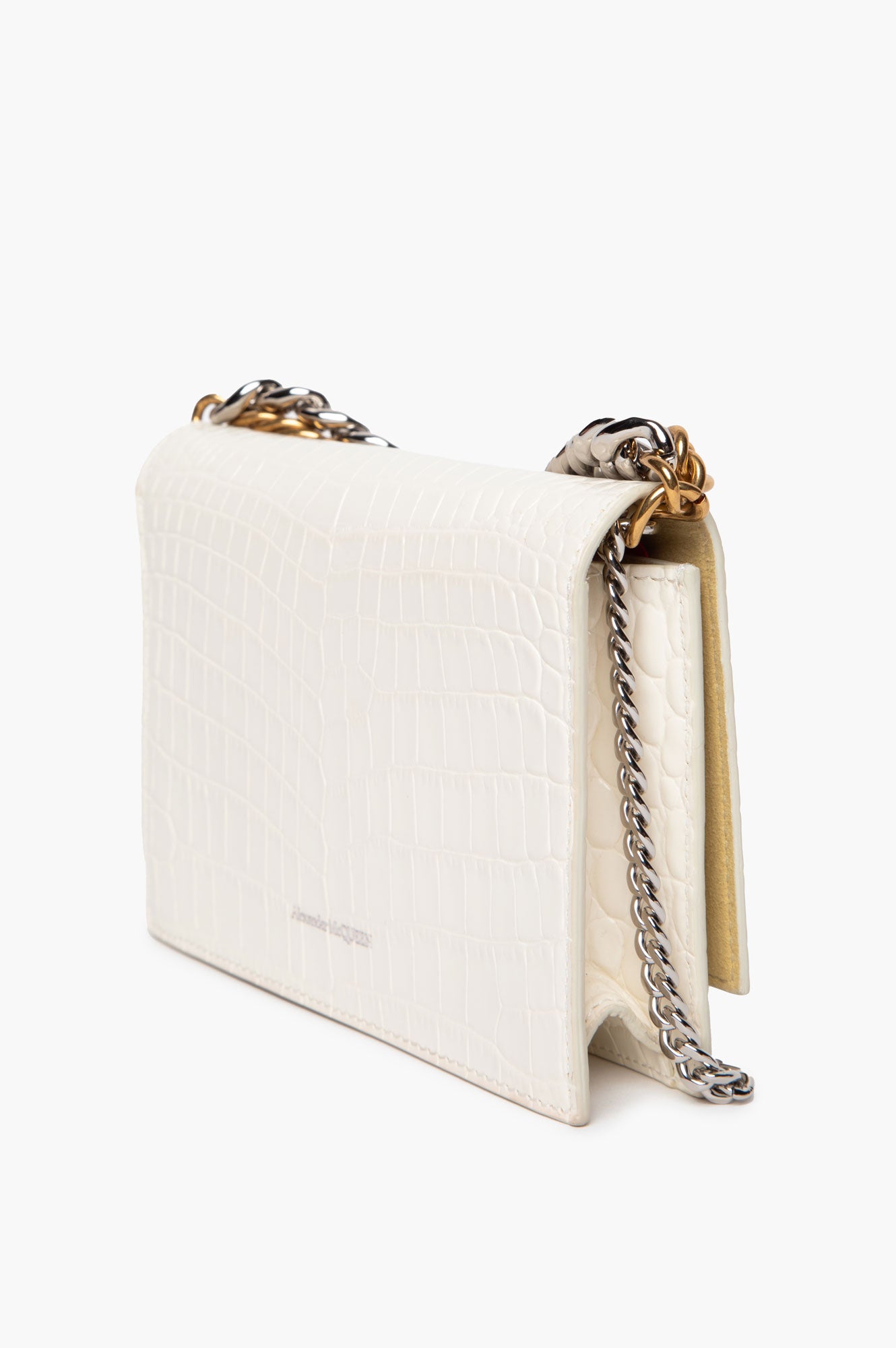 Alexander McQueen White Croc-Embossed Double Chain Skull Bag