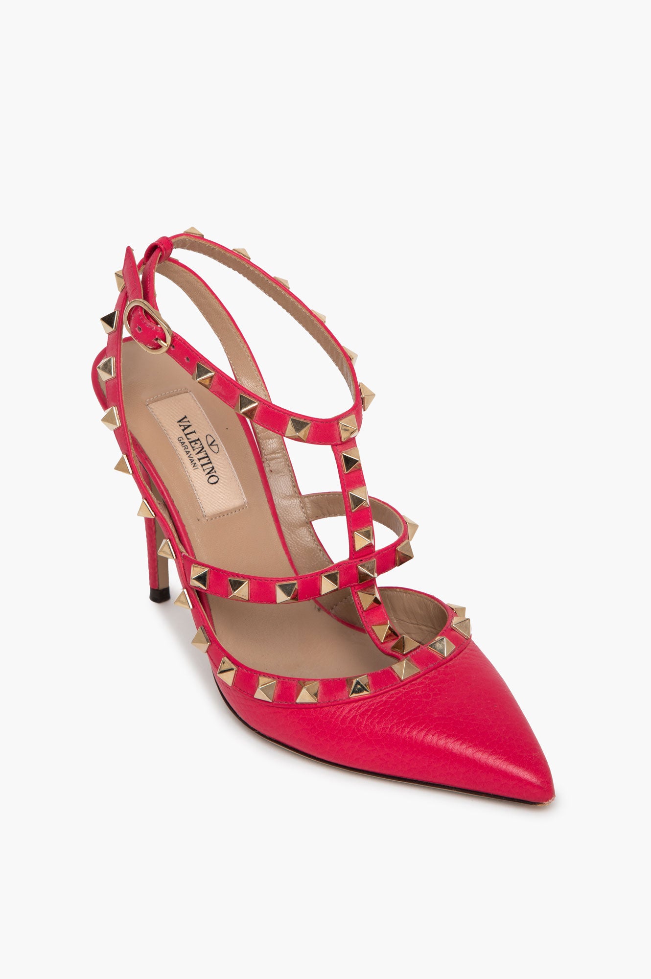 Valentino Garavani Hot Pink Grained Leather Rockstud Cage Pumps Size 36