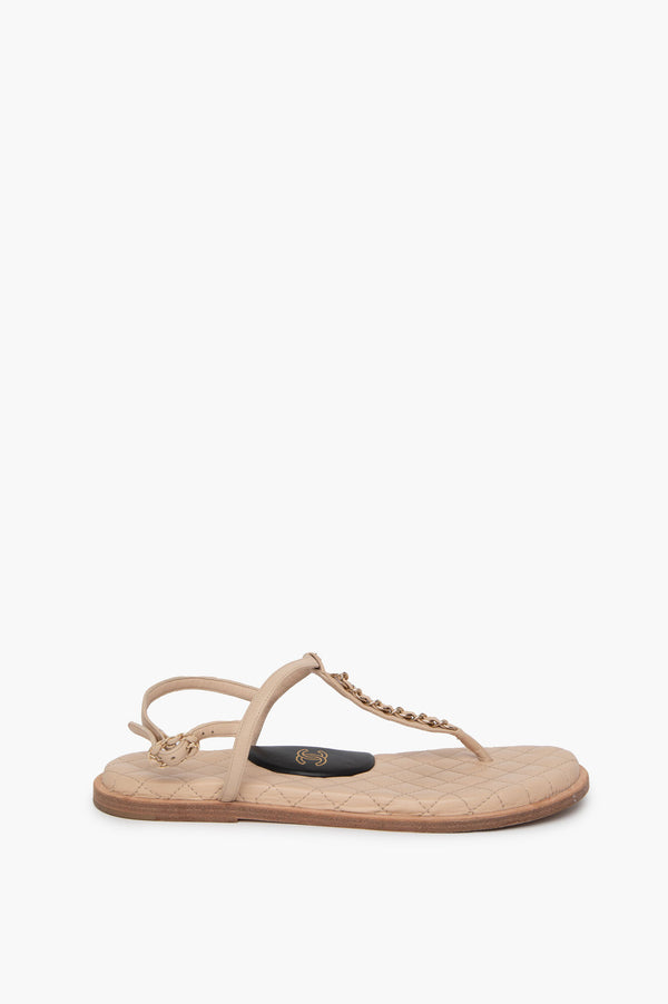 Chanel Beige Lambskin Chain Thong Sandals Size 39C