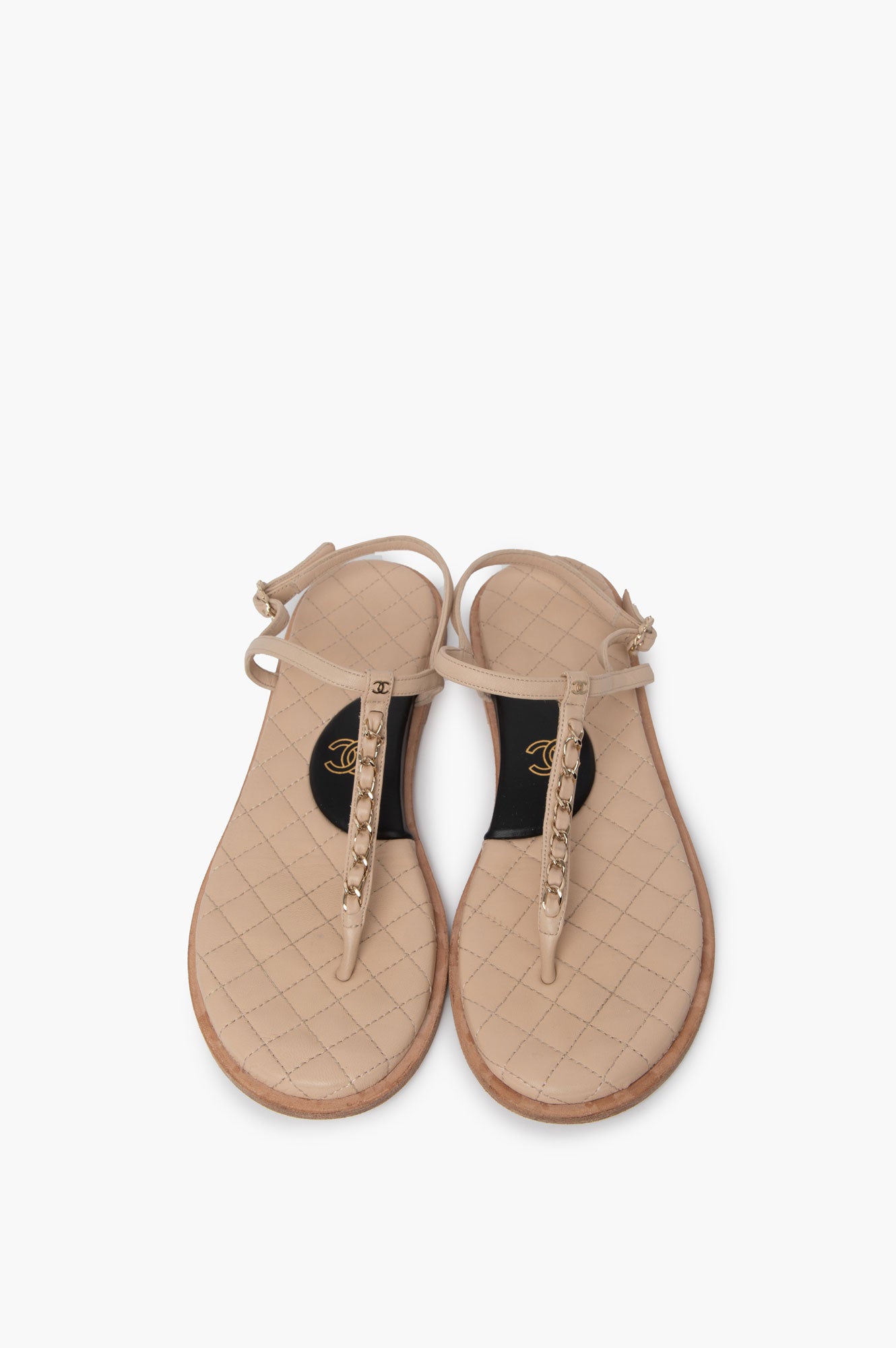 Chanel Beige Lambskin Chain Thong Sandals Size 39C