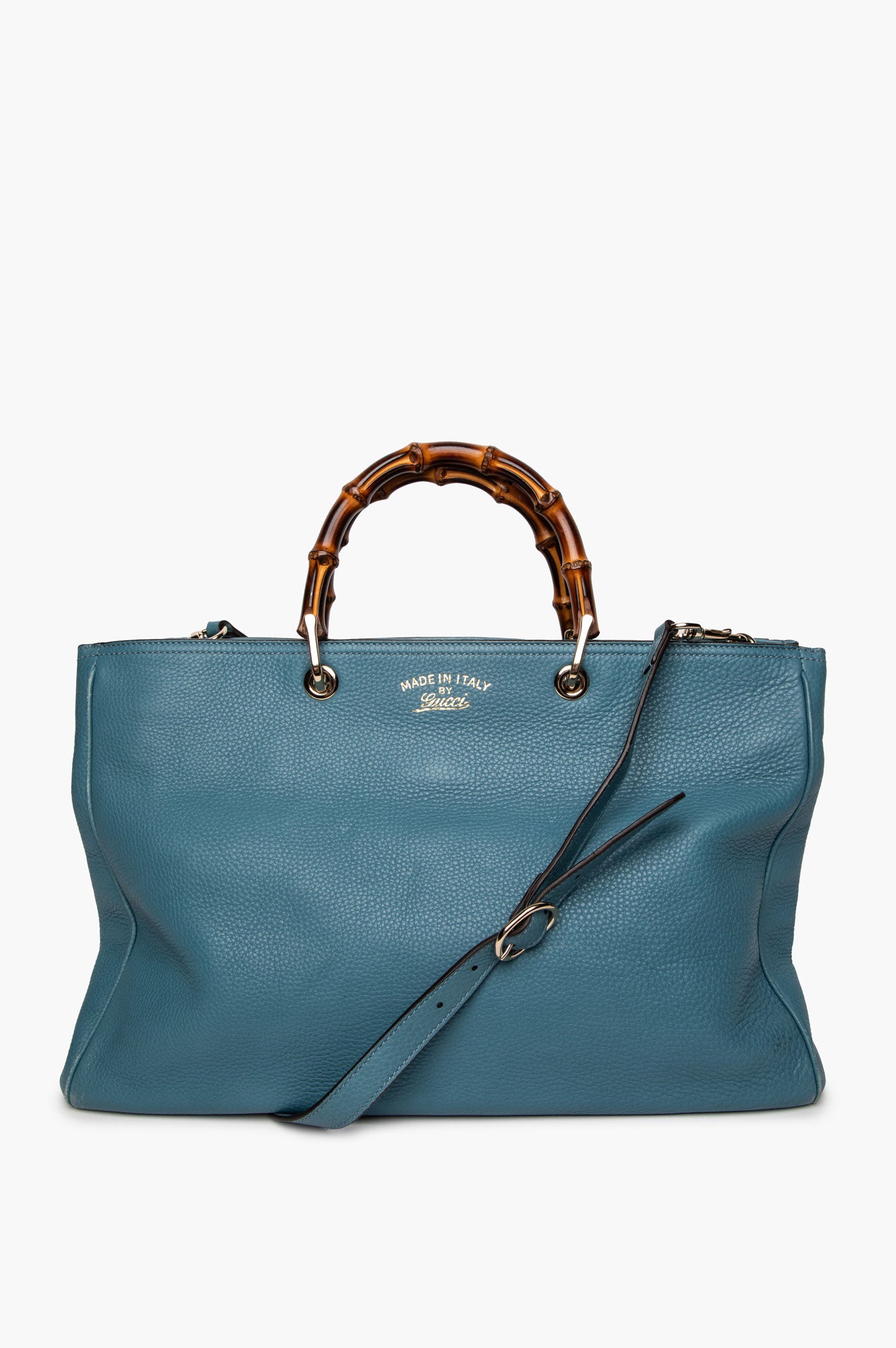 Gucci Blue Pebbled Leather Large Bamboo Shopper Tote