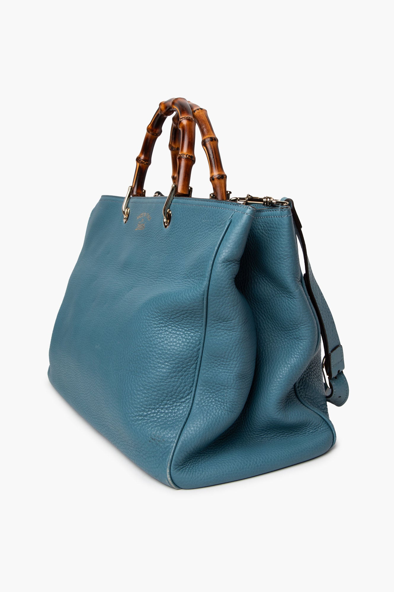 Gucci Blue Pebbled Leather Large Bamboo Shopper Tote