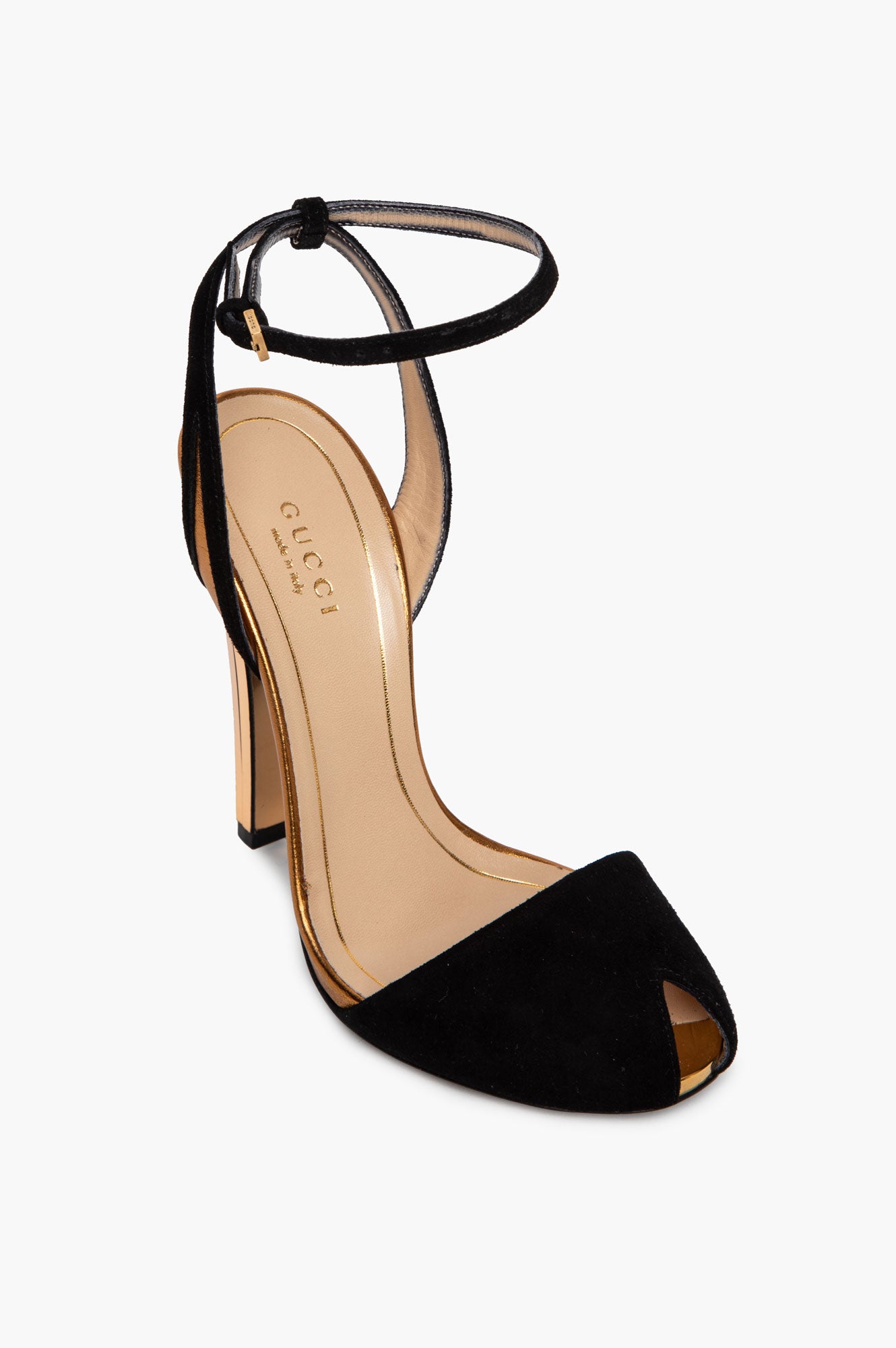 Gucci Black Suede Peep Toe Gold Faceted Delphine Heels Size 35