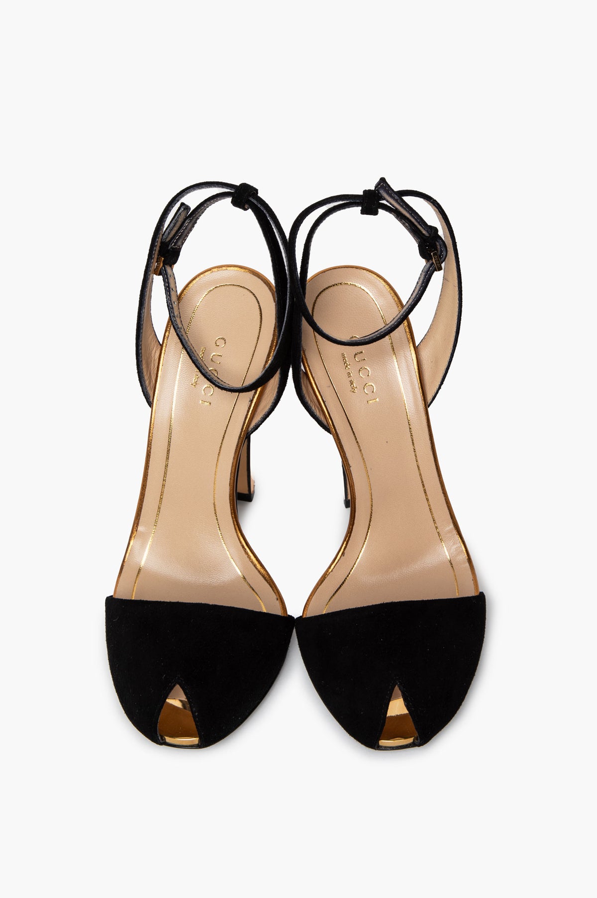 Gucci Black Suede Peep Toe Gold Faceted Delphine Heels Size 35