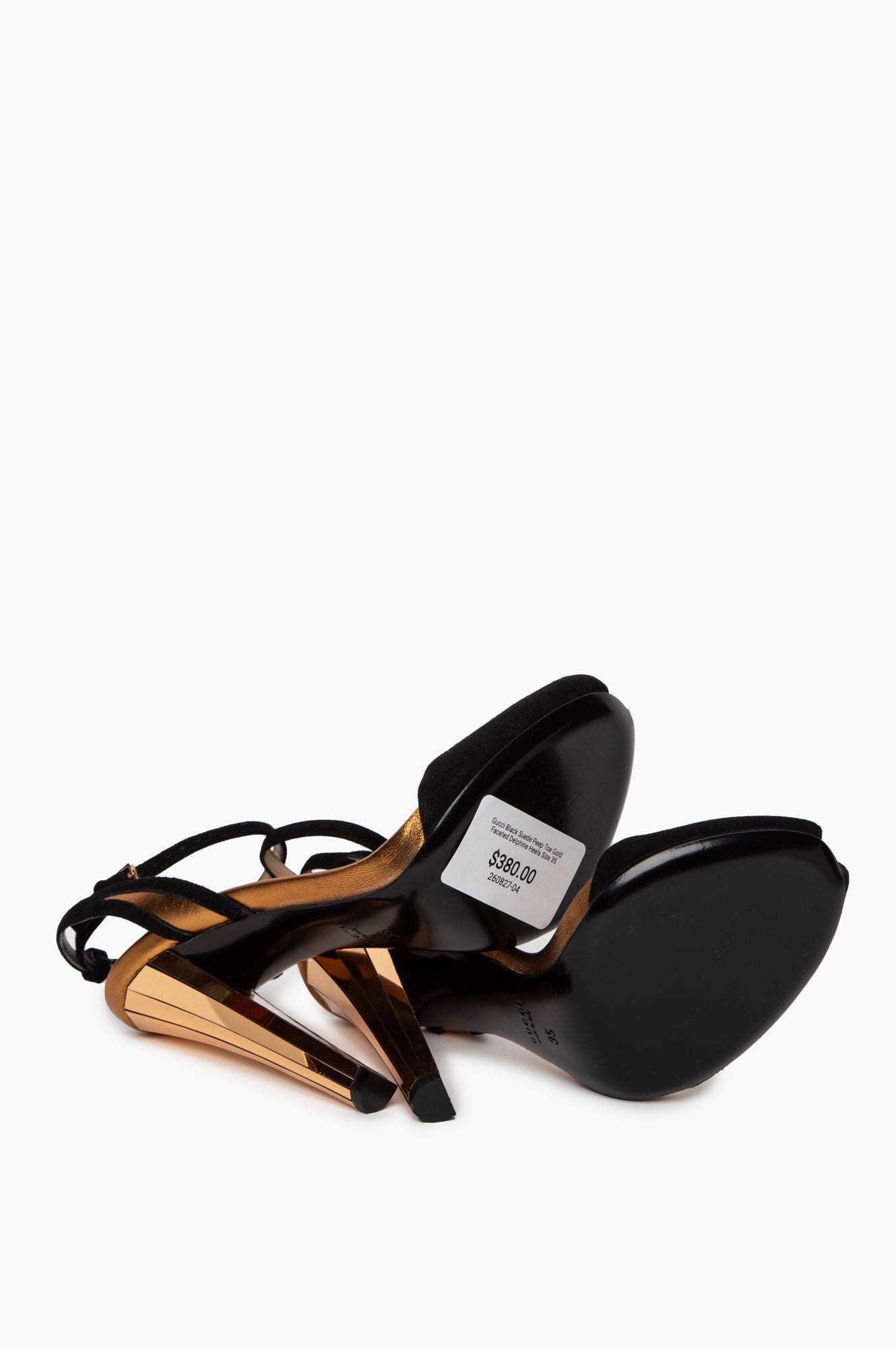 Gucci Black Suede Peep Toe Gold Faceted Delphine Heels Size 35