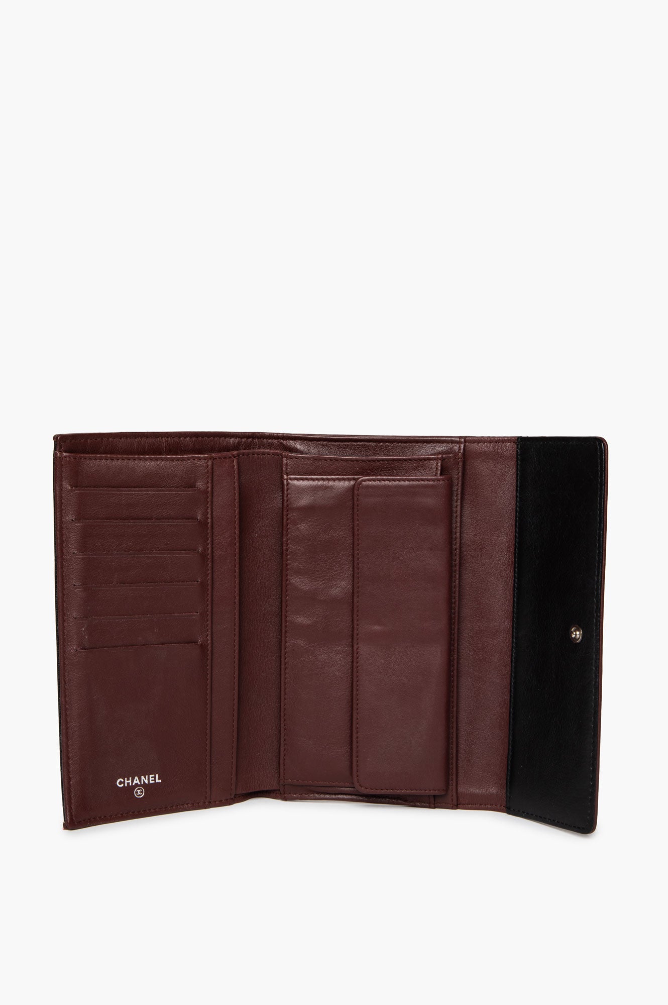 Chanel Black Diamond Stitch Burgundy Trim Flap Wallet