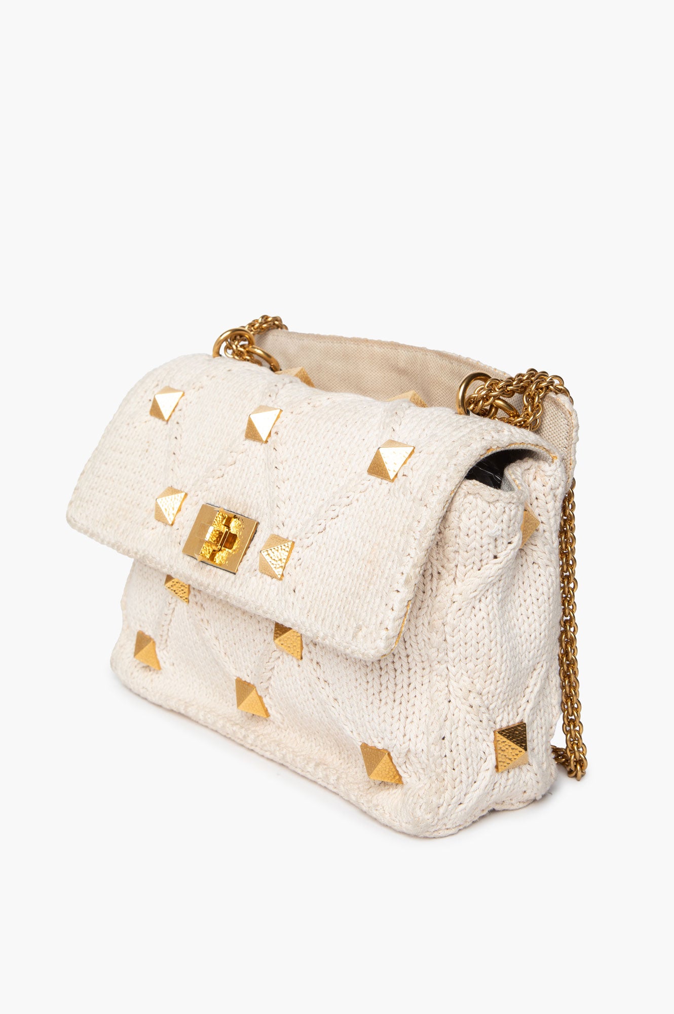 Valentino Garavani Hammered Gold Roman Stud Cotton Knit Top Handle Bag