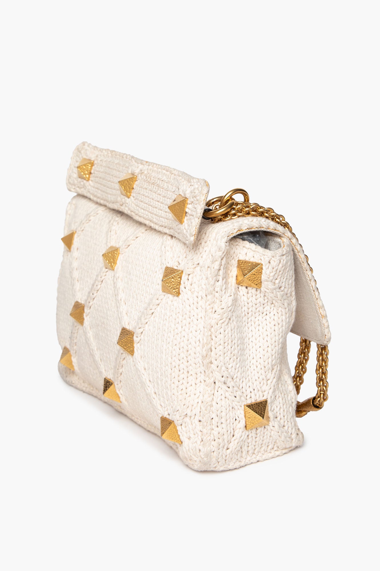 Valentino Garavani Hammered Gold Roman Stud Cotton Knit Top Handle Bag