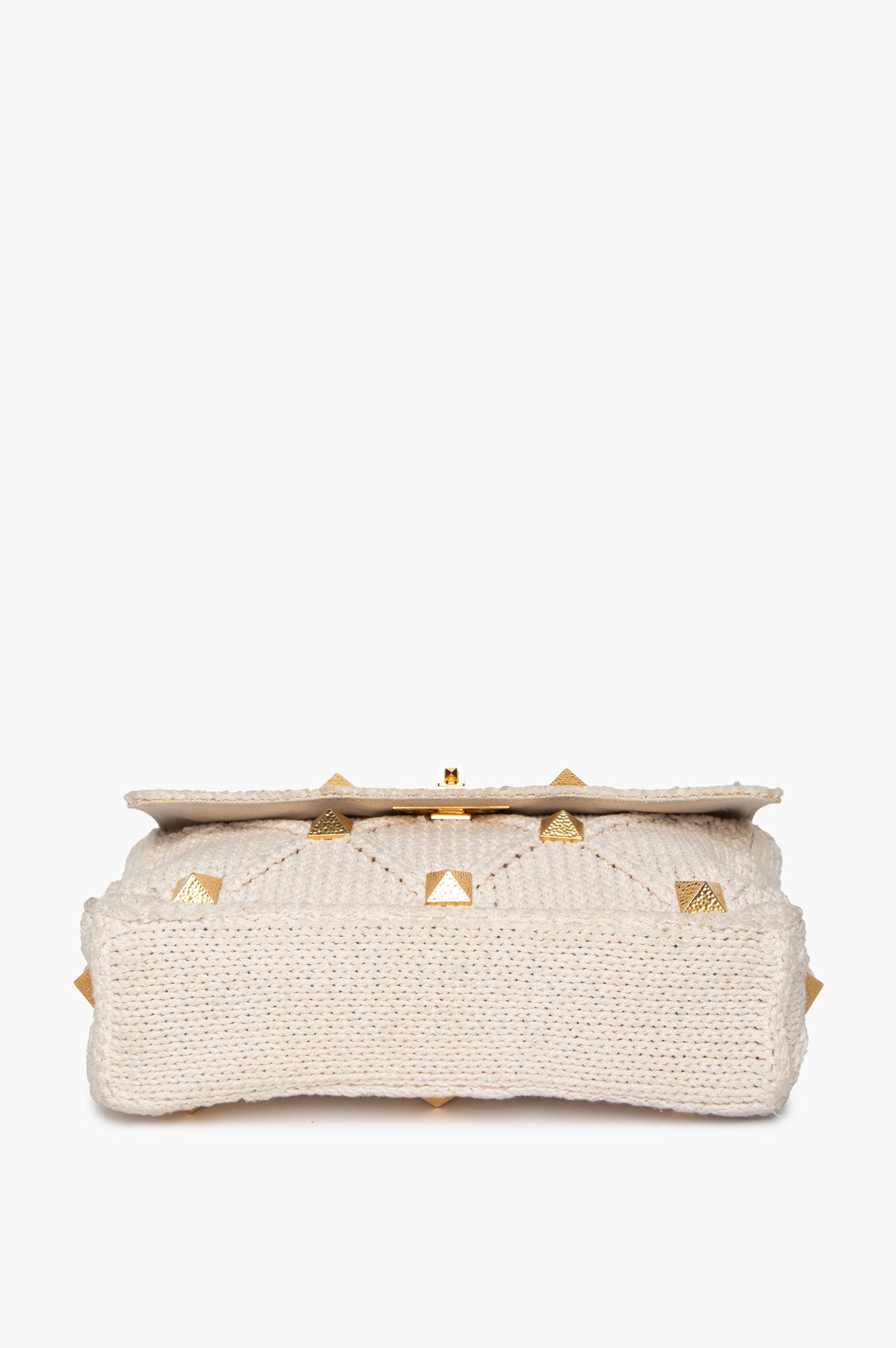 Valentino Garavani Hammered Gold Roman Stud Cotton Knit Top Handle Bag