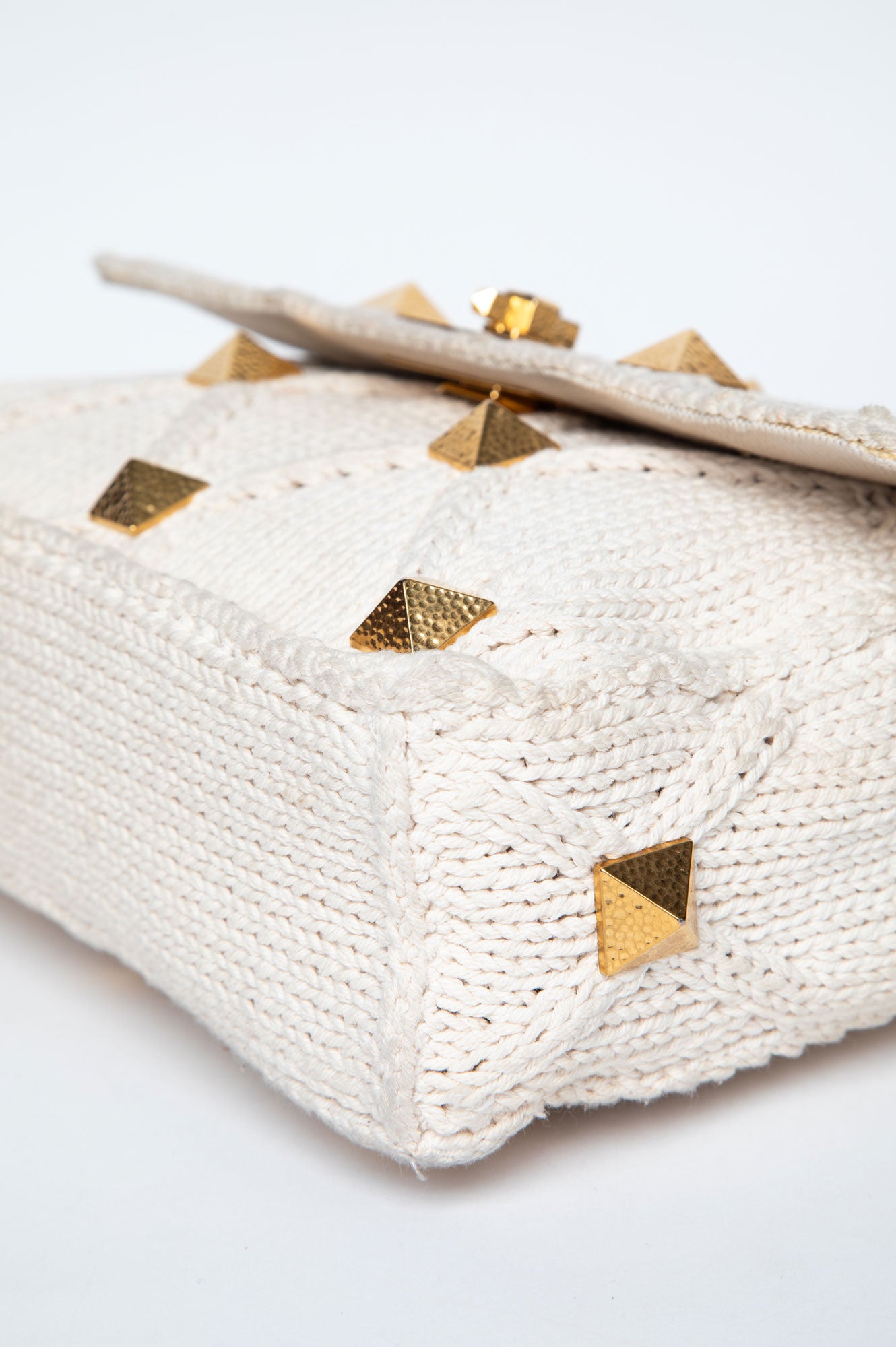 Valentino Garavani Hammered Gold Roman Stud Cotton Knit Top Handle Bag