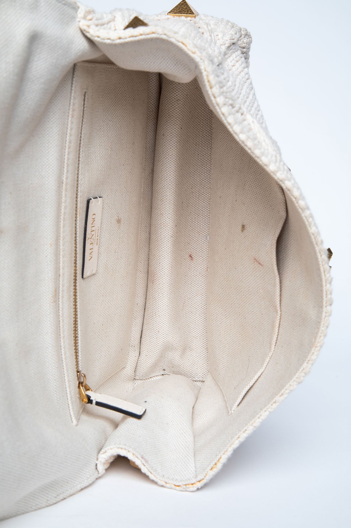 Valentino Garavani Hammered Gold Roman Stud Cotton Knit Top Handle Bag
