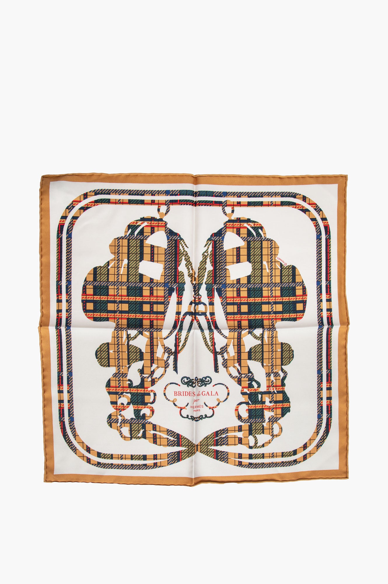 Hermes Gavroche 45 Brides De Gala Beige Tartan Silk Twill Scarf
