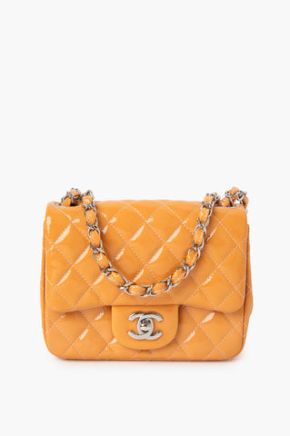 Chanel Orange Quilted Patent Leather Classic Square Mini Flap Bag