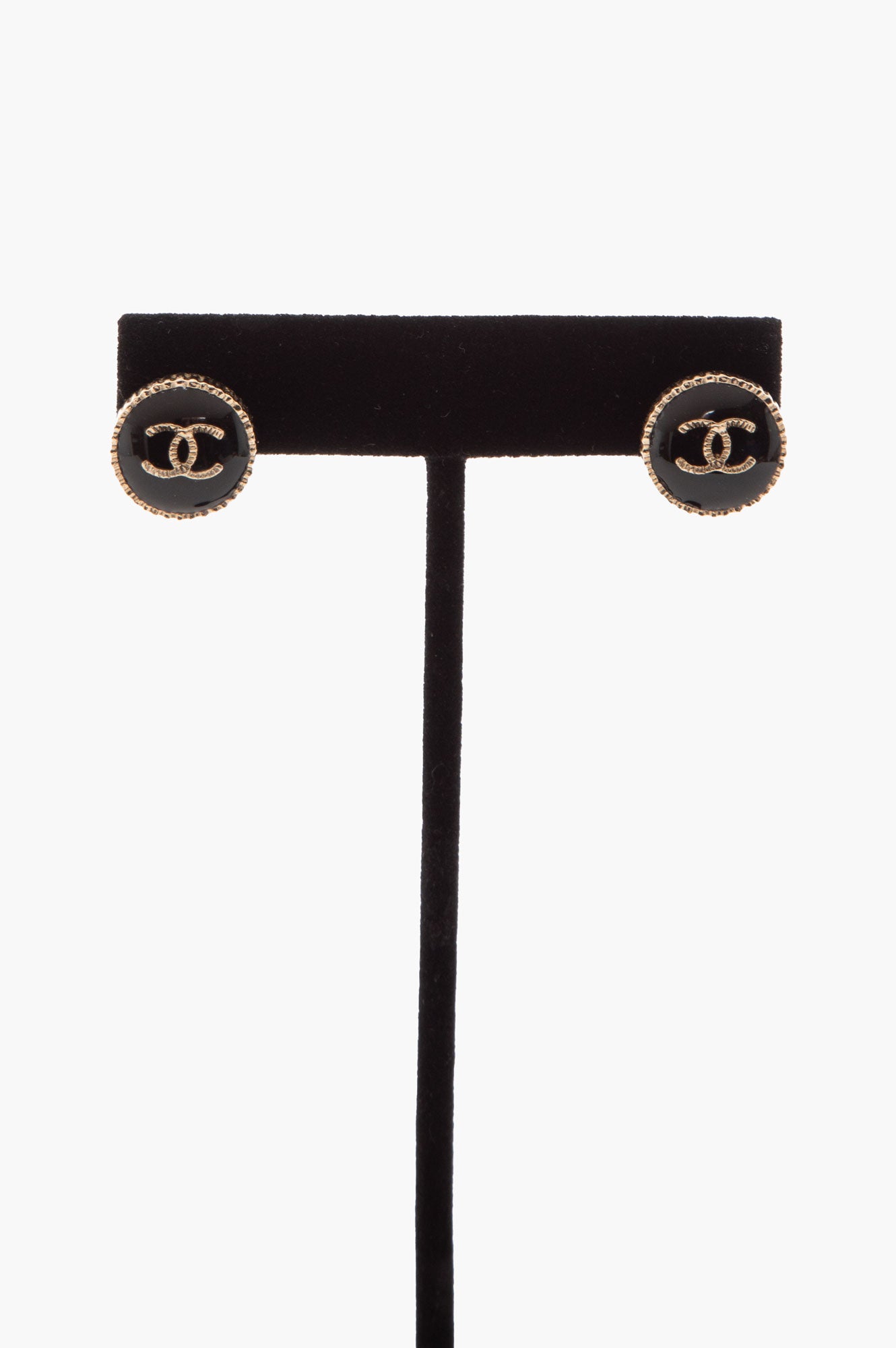 Chanel A/W21 Goldtone Black Resin CC Logo Stud Earrings