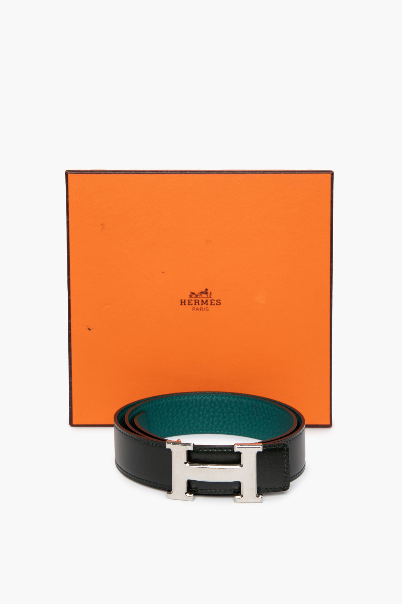 Hermes Reversible H Silver Buckle Dark Green/Green Size 80