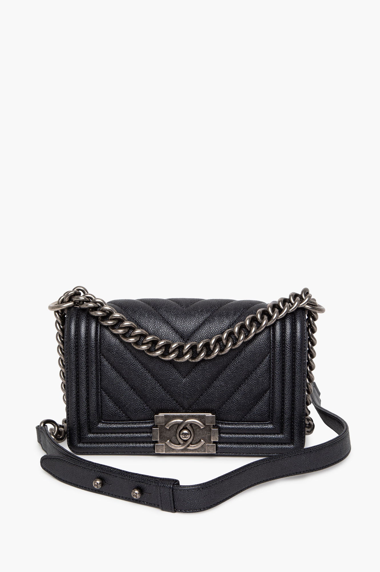 Chanel Black Chevron Caviar Small Boy Flap Bag