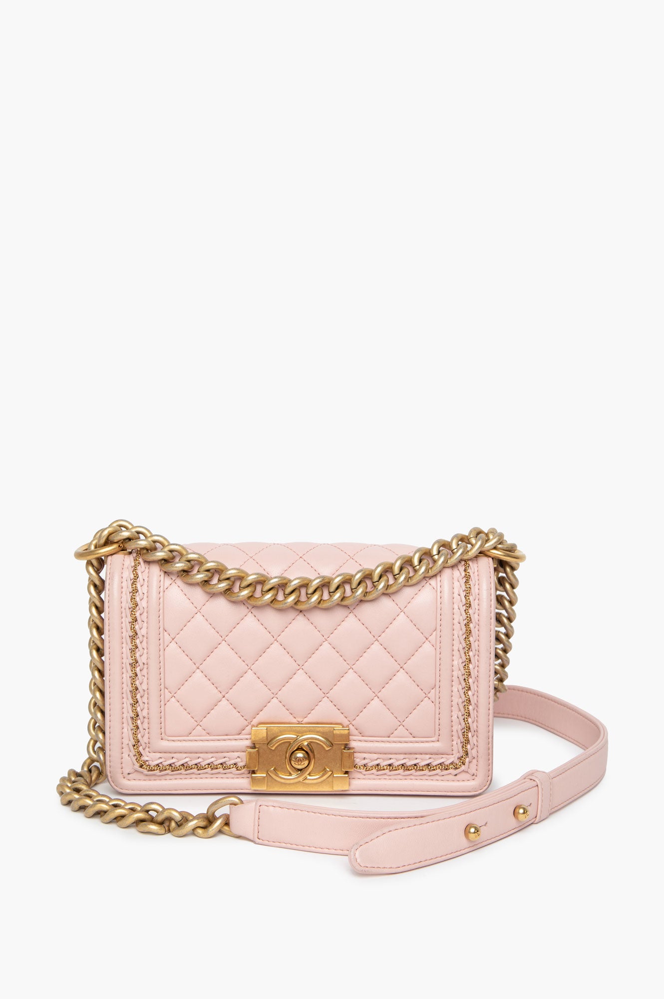 Chanel Pink Small Boy Bag With Gold Chain Embroidery
