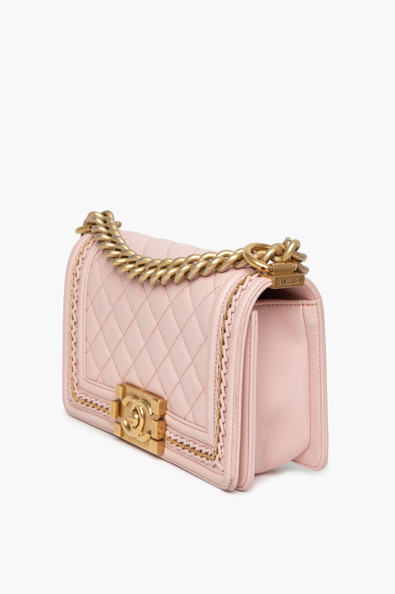 Chanel Pink Small Boy Bag With Gold Chain Embroidery