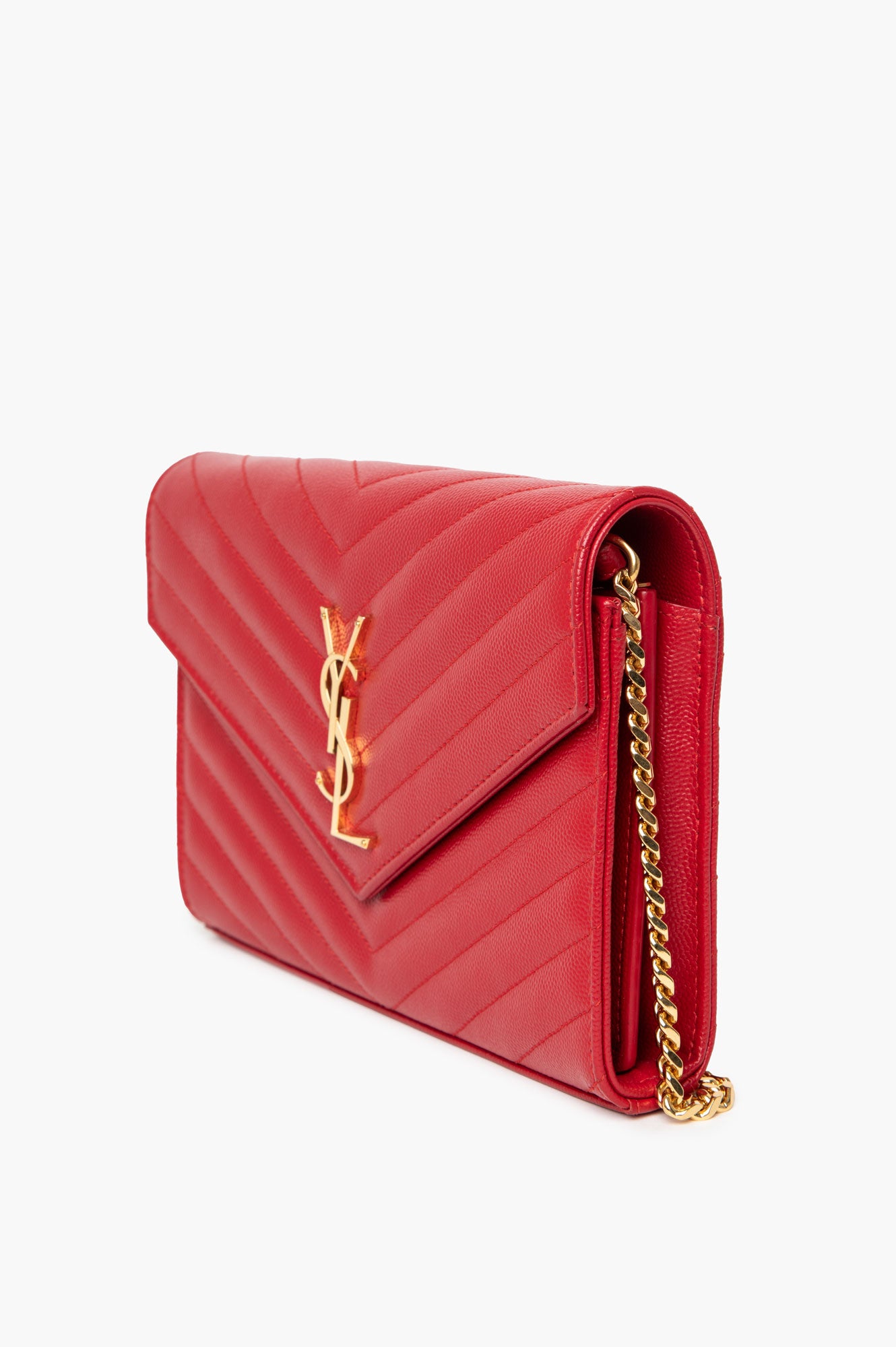 Saint Laurent Red Grain De Poudre Matelasse Chevron Monogram Chain Wallet