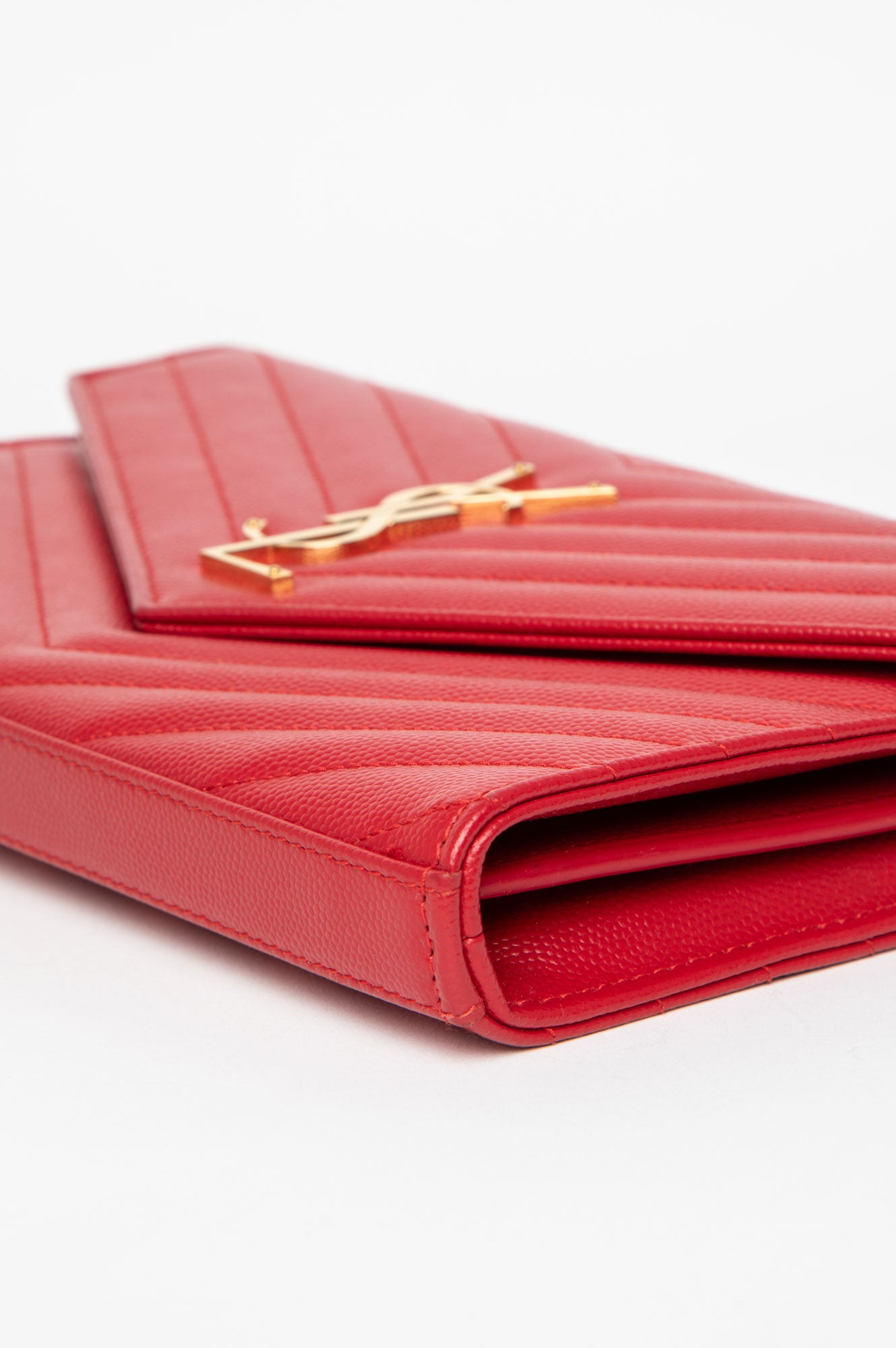 Saint Laurent Red Grain De Poudre Matelasse Chevron Monogram Chain Wallet