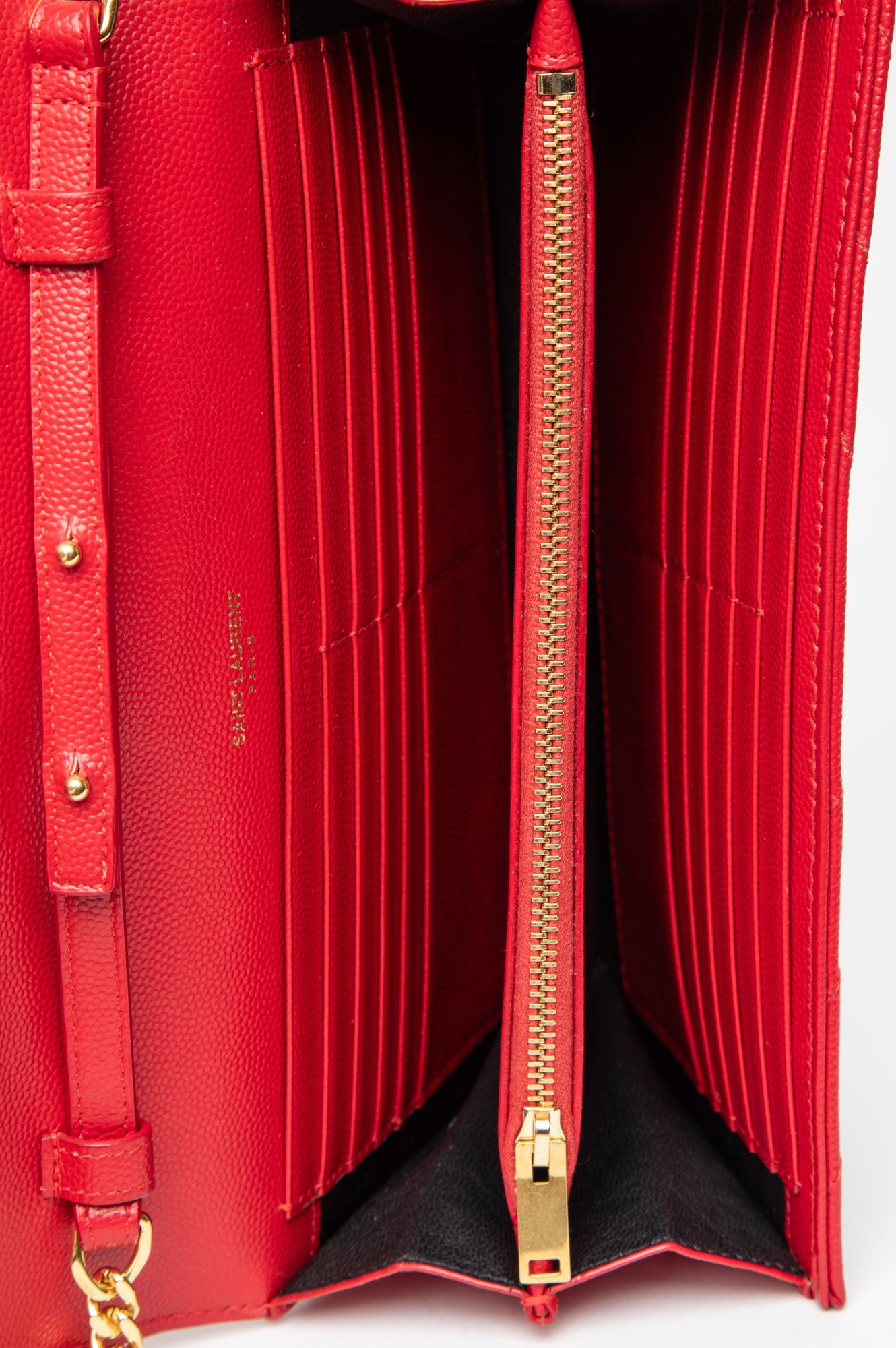 Saint Laurent Red Grain De Poudre Matelasse Chevron Monogram Chain Wallet