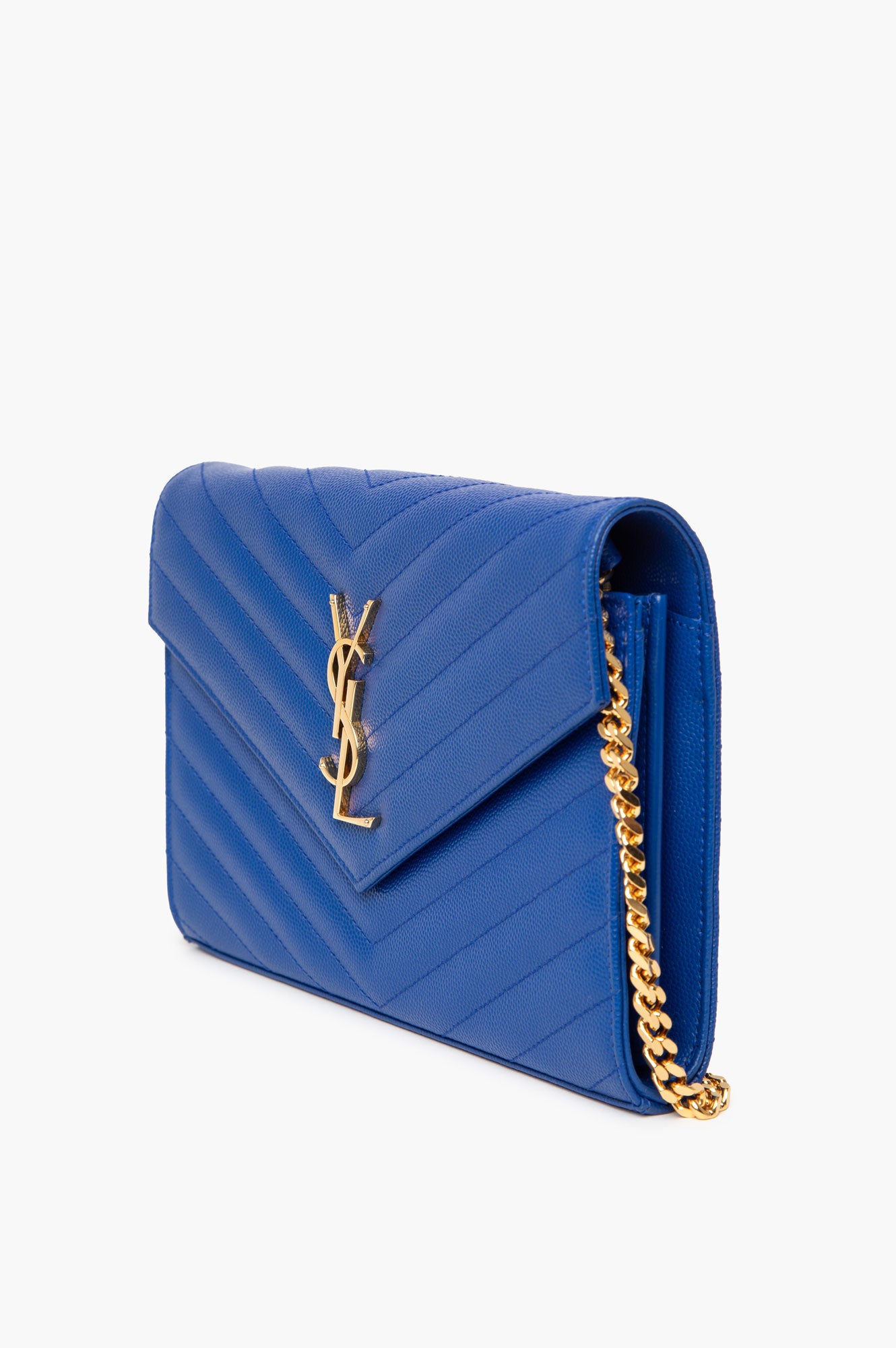 Saint Laurent Blue Grain De Poudre Matelasse Chevron Mongoram Chain Wallet