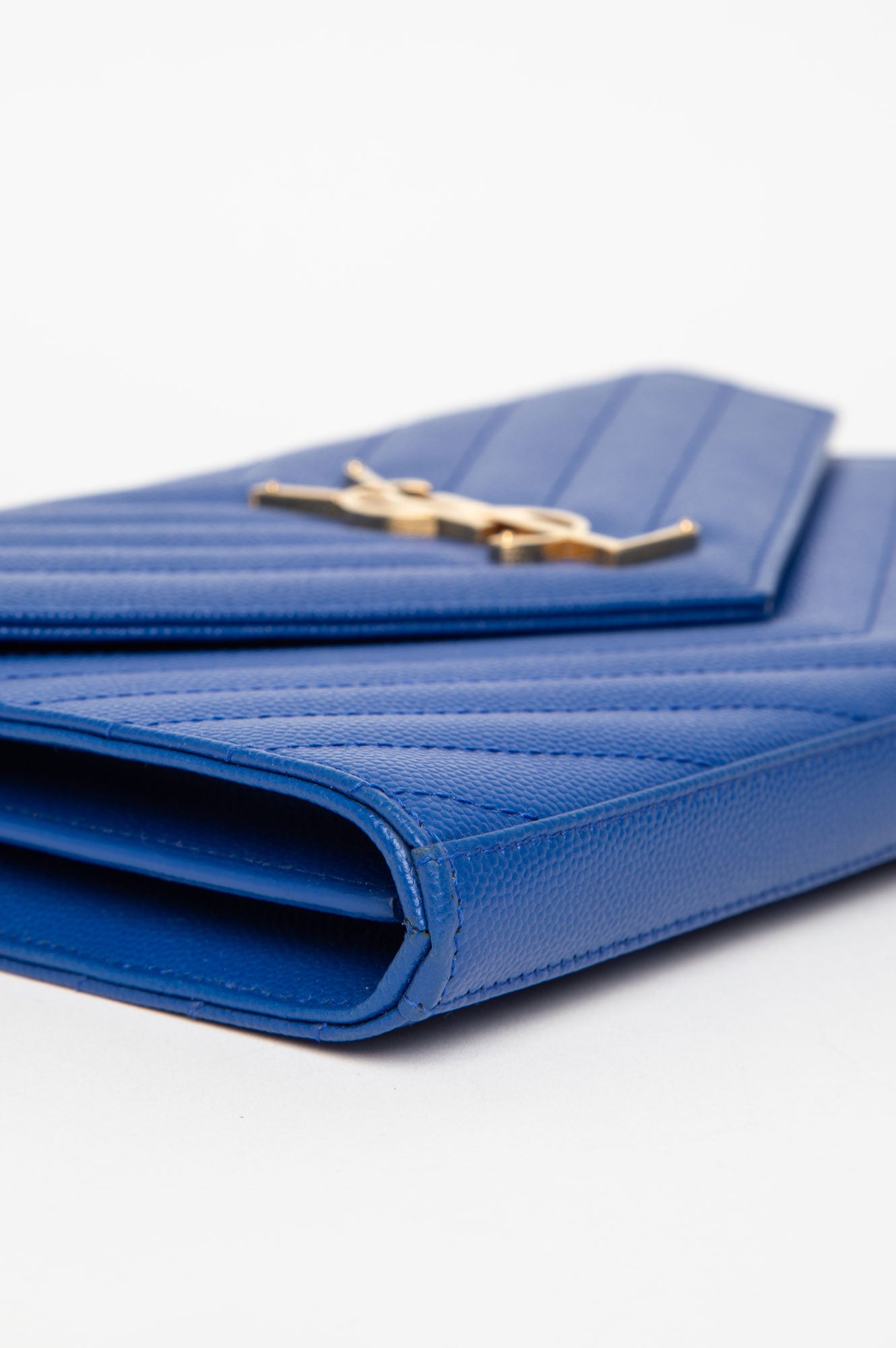 Saint Laurent Blue Grain De Poudre Matelasse Chevron Mongoram Chain Wallet