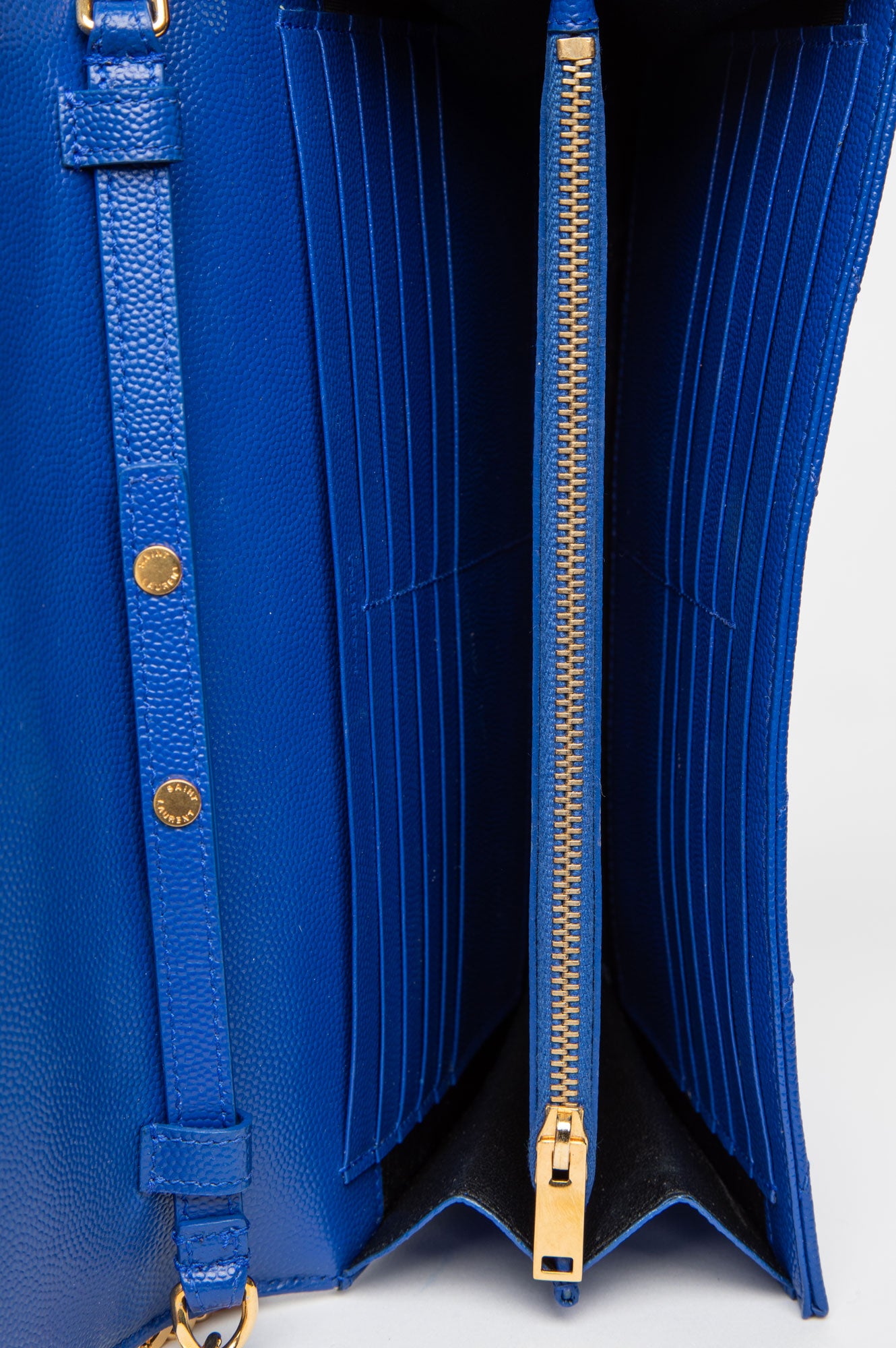 Saint Laurent Blue Grain De Poudre Matelasse Chevron Mongoram Chain Wallet