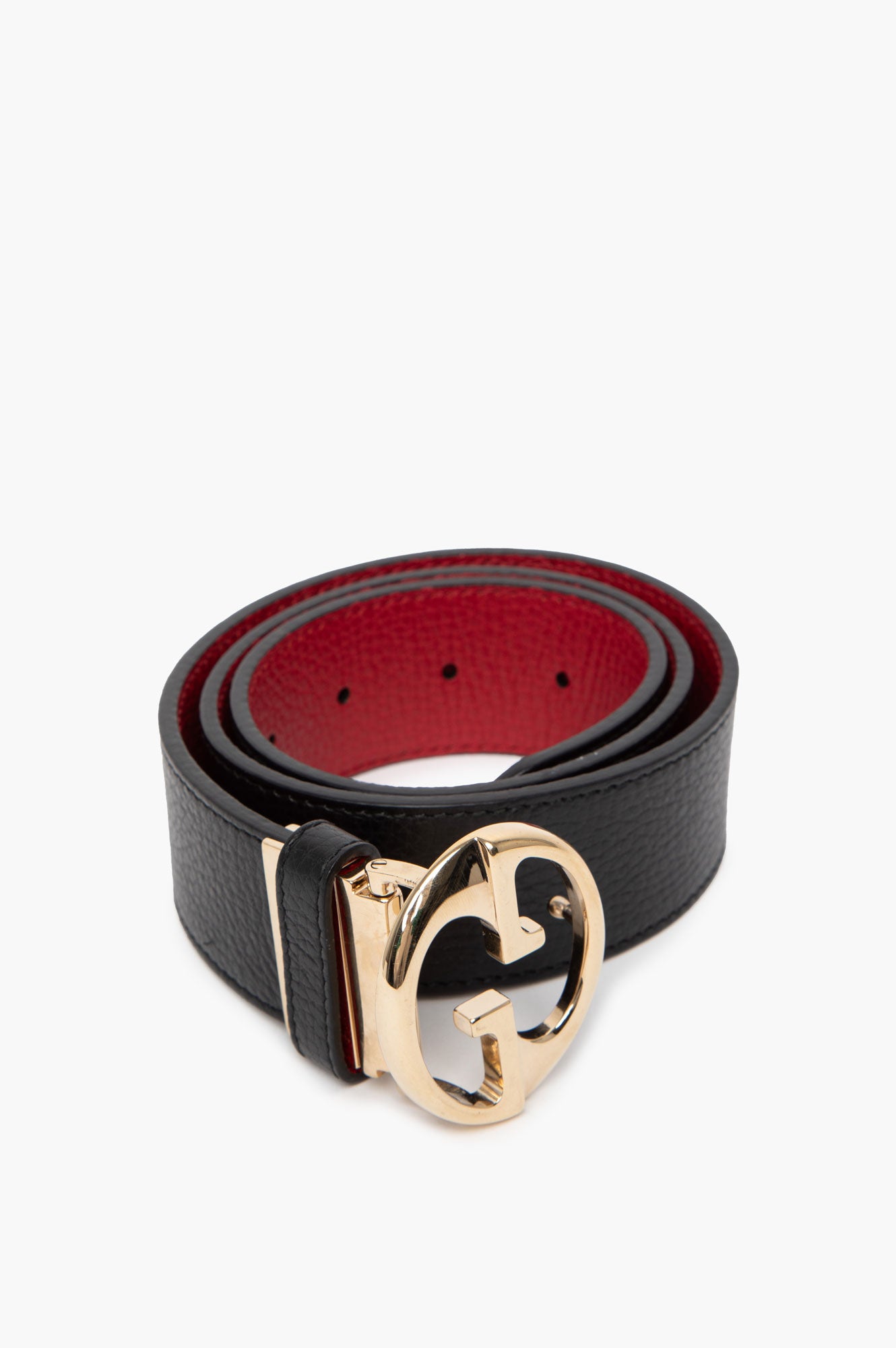 Gucci Interlocking G Black/Red Reversible Pebbled Leather Belt 75
