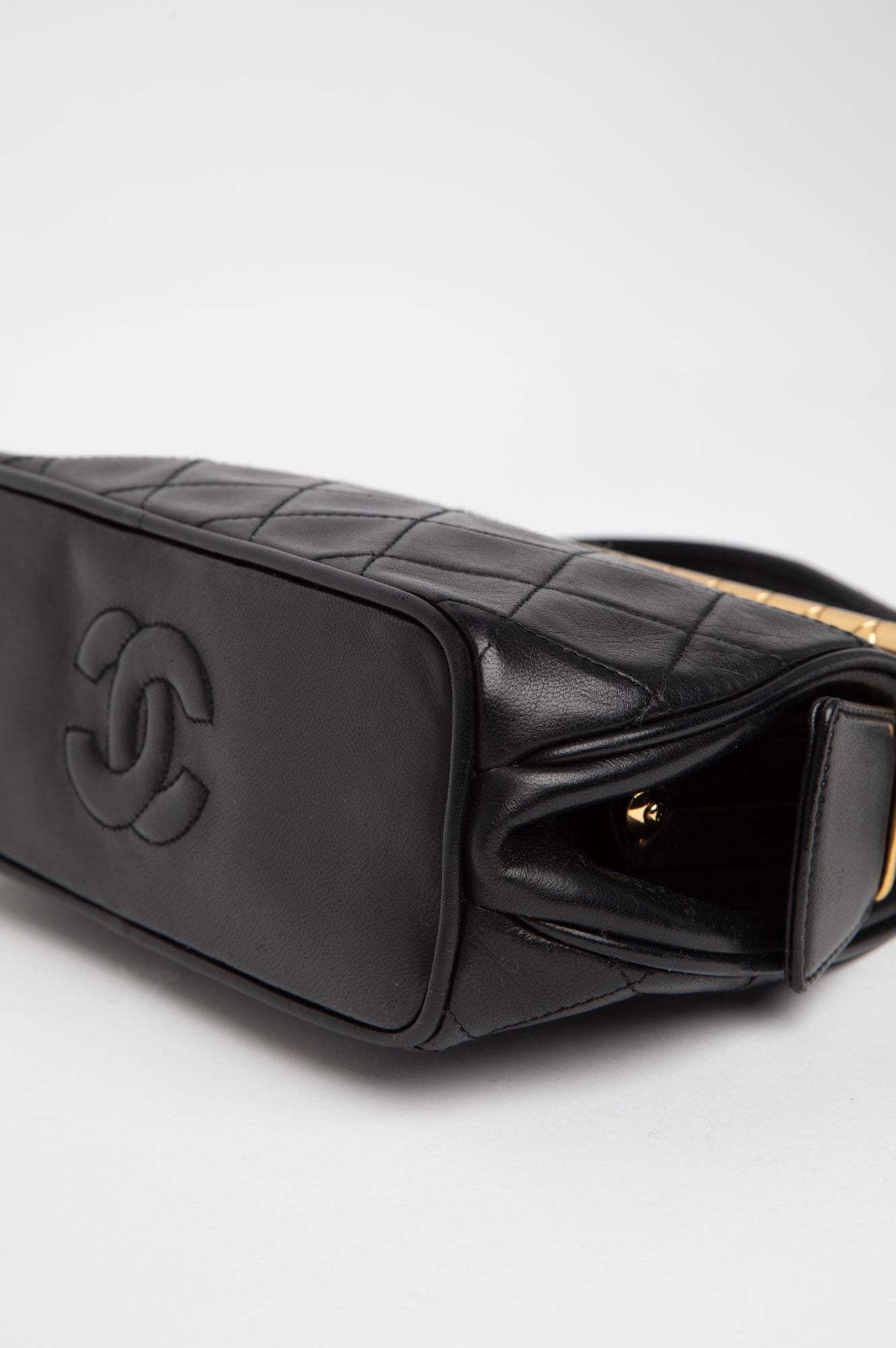 Chanel Vintage Black Lambskin Top Handle 24k Gold Frame Bag