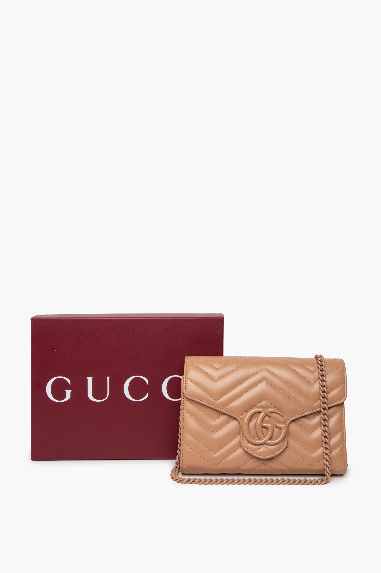 Gucci GG Marmont Nude Matelassé Leather Wallet On Chain