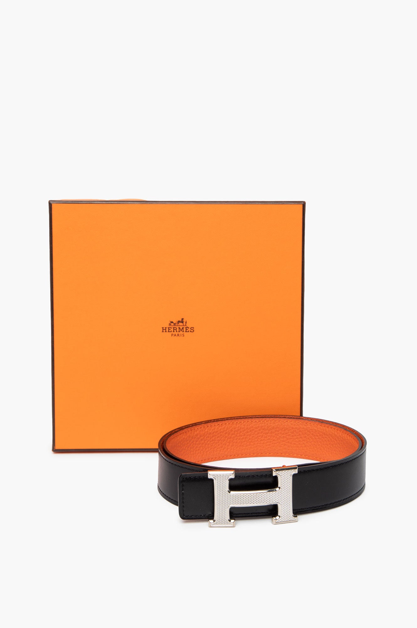 Hermes Reversible H Silver Buckle Belt Black/orange Size 80