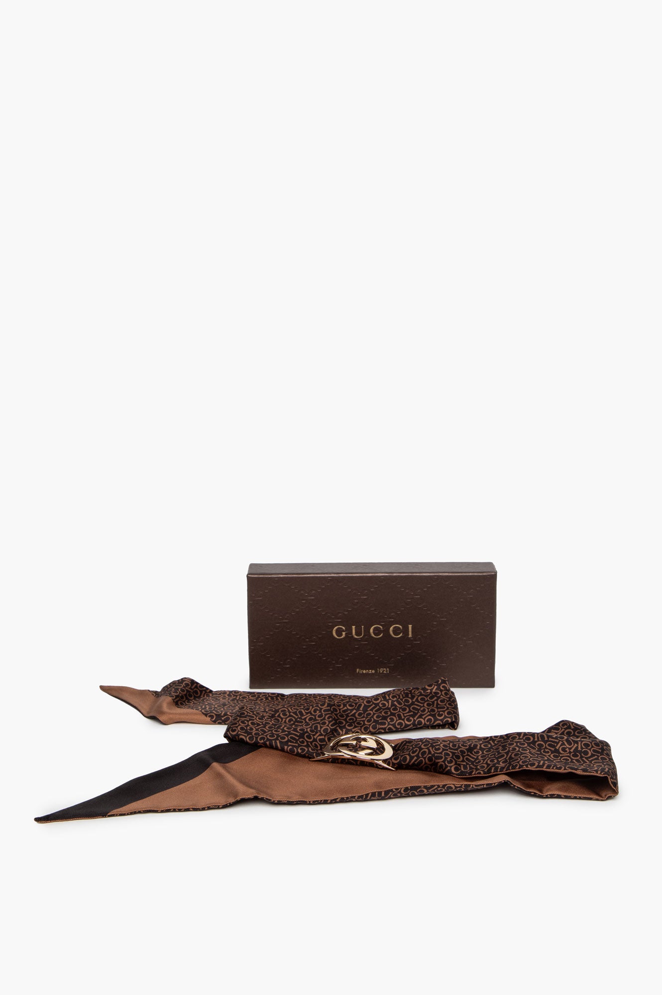 Gucci GG Brown Lettering Printed Silk Bandeau Scarf