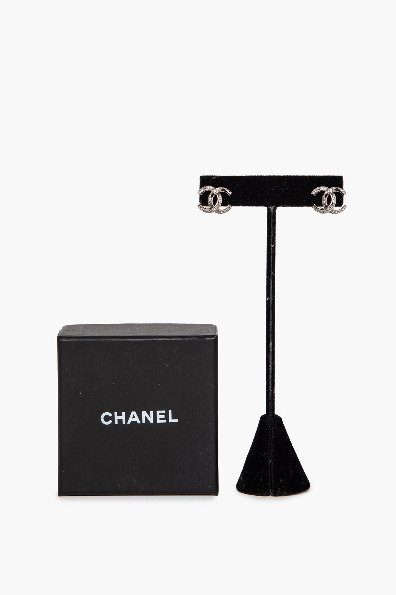 Chanel A12 Silver-Tone Crystal CC Stud Earrings