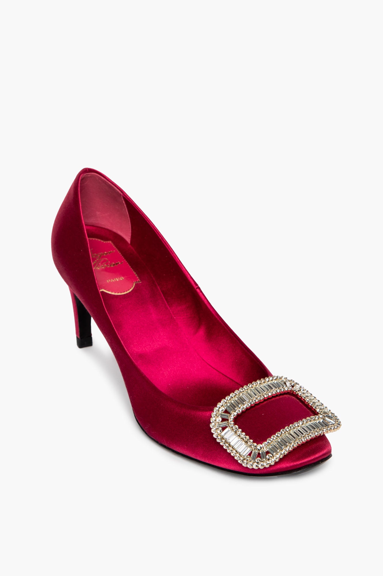 Roger Vivier Pink Satin Crystal Embellished Belle Vivier Pumps Size 37.5